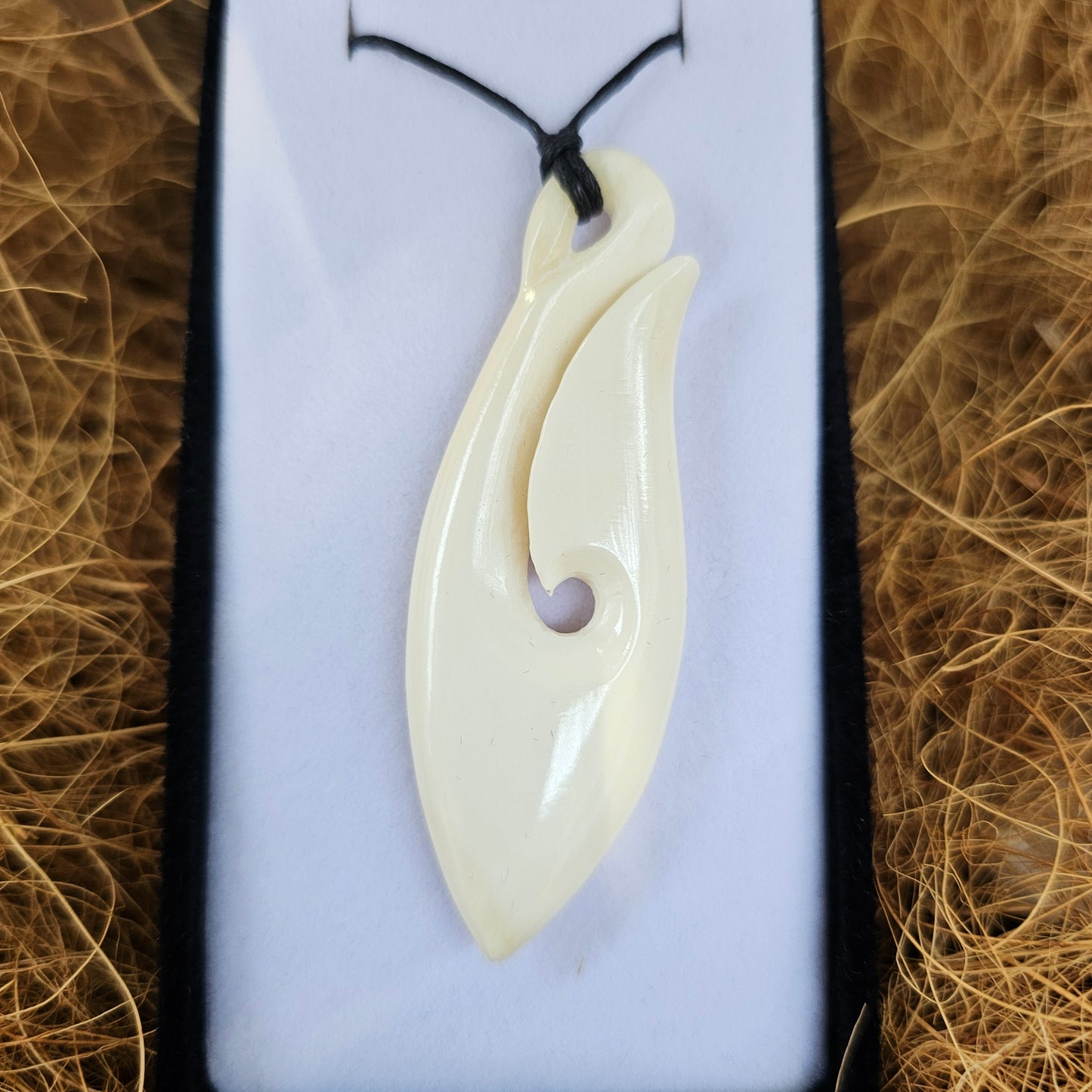 Handcarved Fish Hook Bone Carving Pendant - Hei Matau - Rivendell Shop