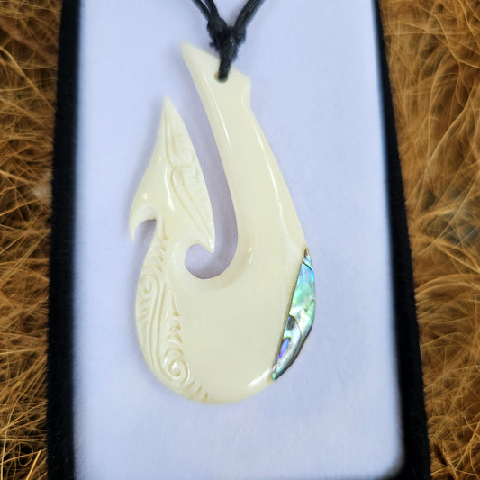 (Fish Hook Bone carving large with Paua - Rivendell Shop