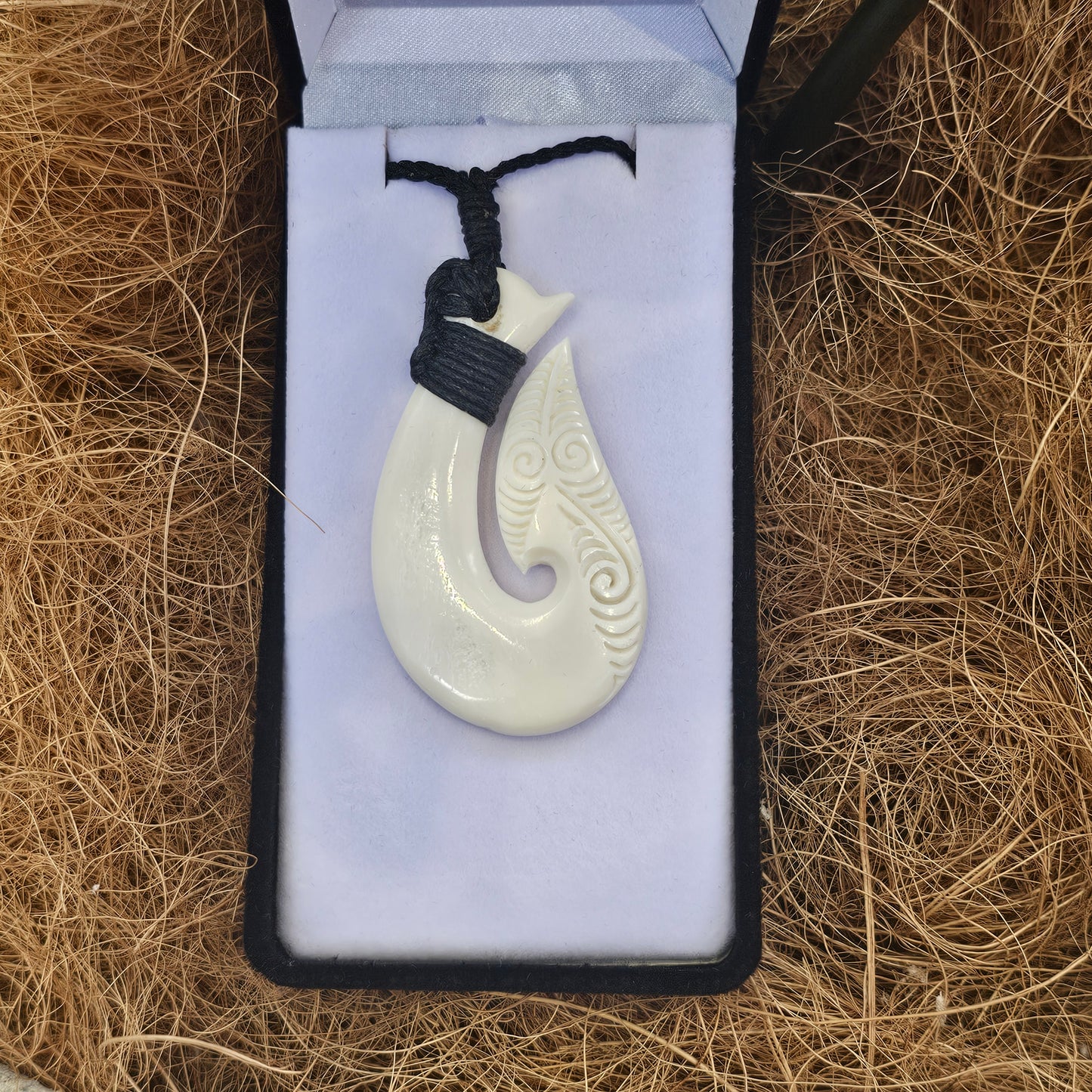 Handcarved Traditionally Bound Fish Hook Bone Carving Pendant - Hei Matau - Rivendell Shop
