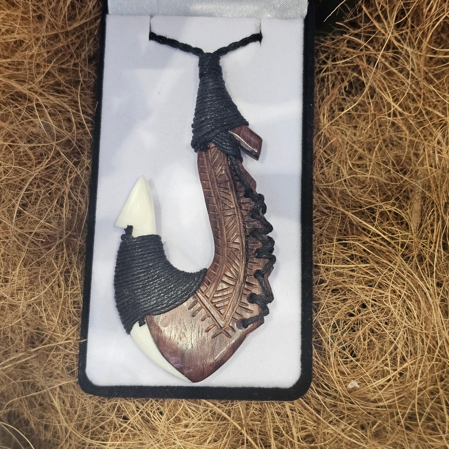Hei Matau (Fish Hook) Bone Pendant + Wood - Rivendell Shop