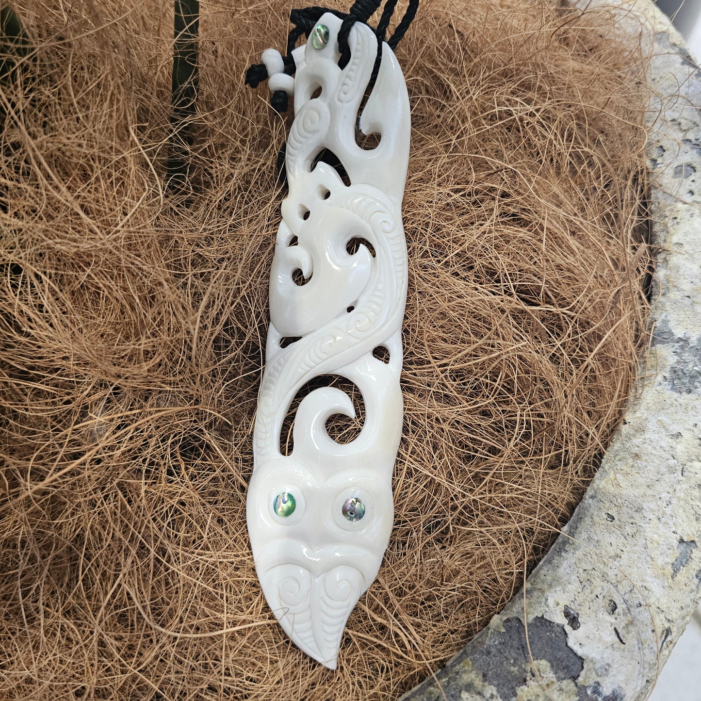 Manaia and Taniwha Large Bone Pendant with Paua - Rivendell Shop