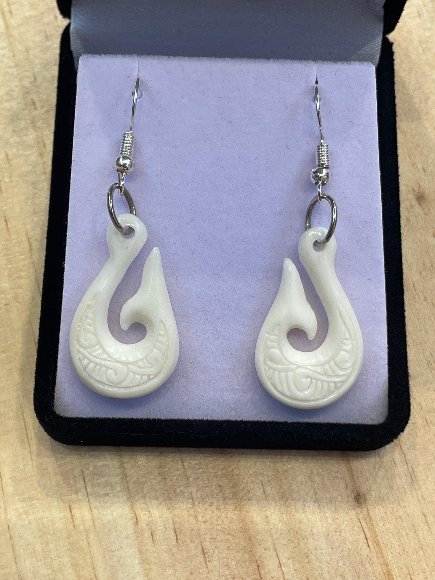 Handcarved Fish Hook Bone Carving Earrings - Hei Matau - Rivendell Shop