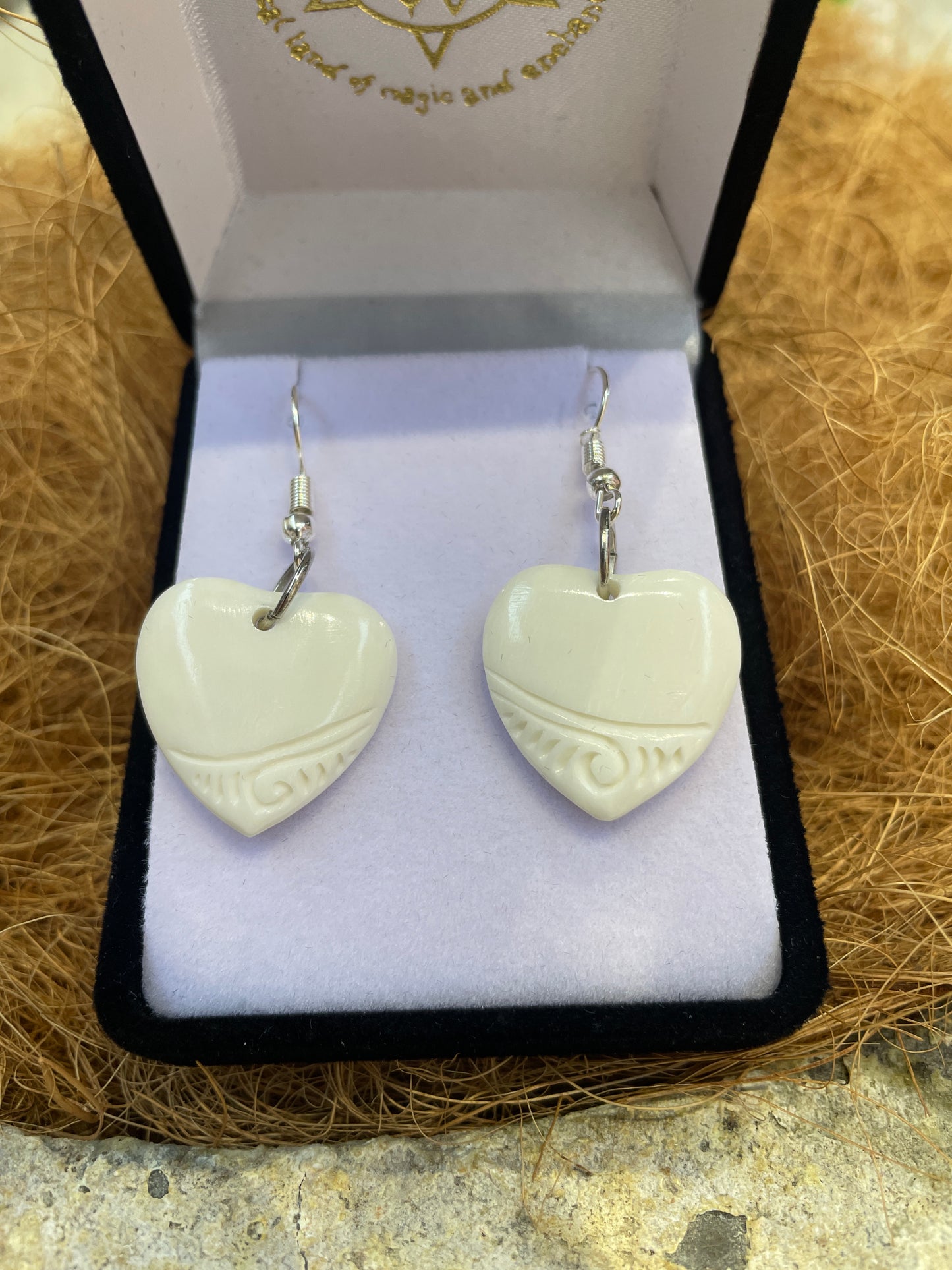 Handcarved Bone Heart Earrings - Rivendell Shop