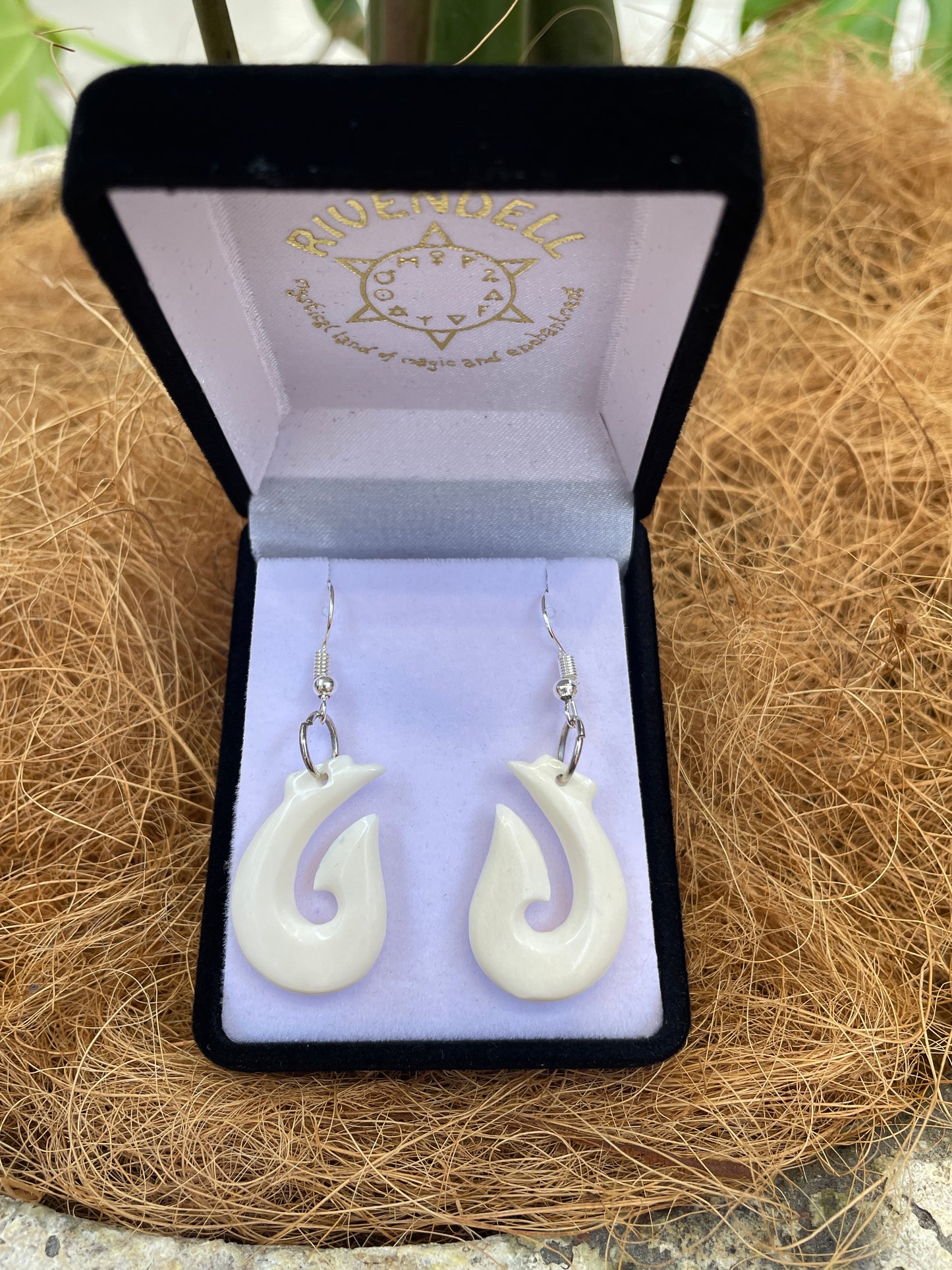 Handcarved Bone Fish Hook Earrings - Hei Matau - Rivendell Shop