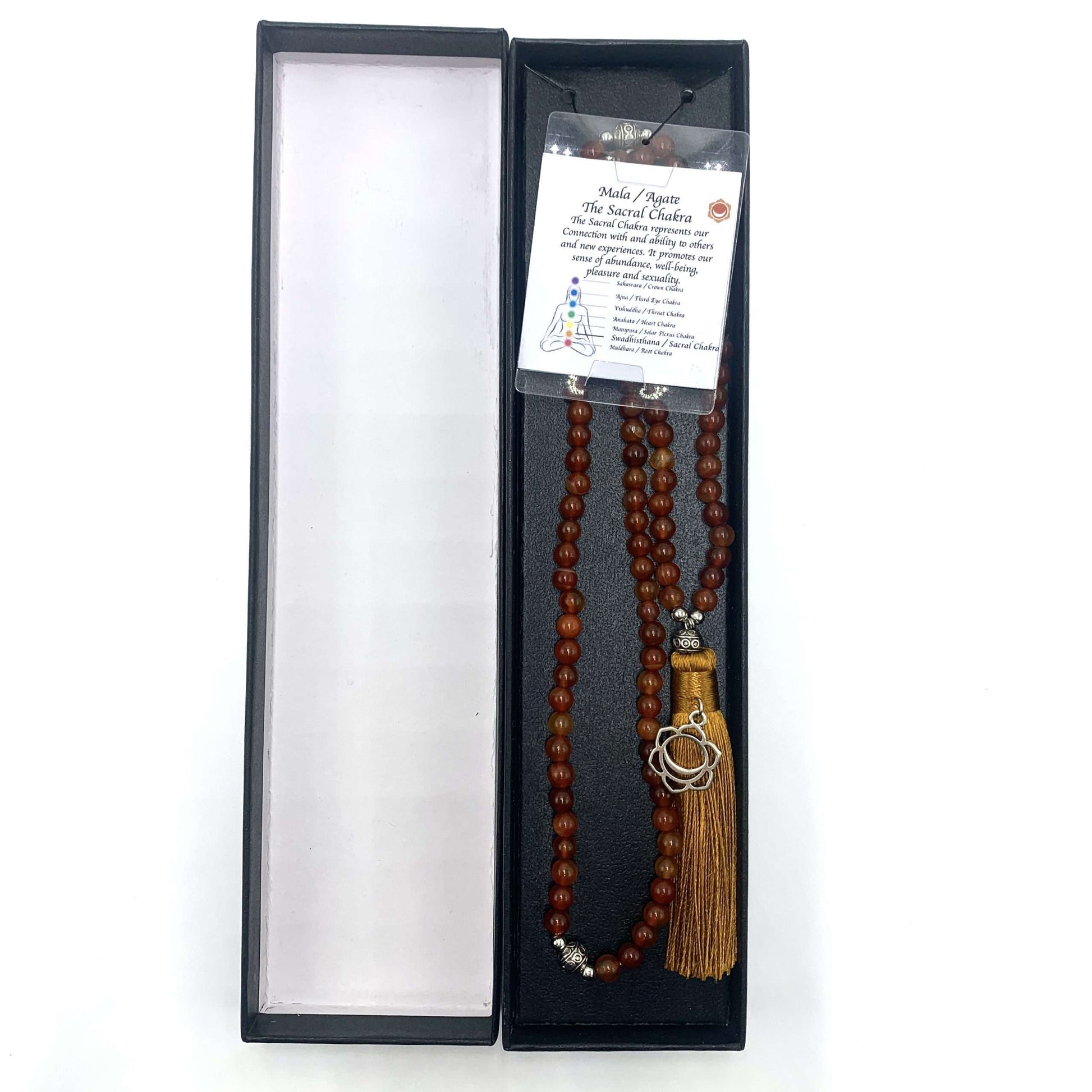 Agate Mala Beads with Sacral Chakra Charm- 108 Beads - Rivendell Shop