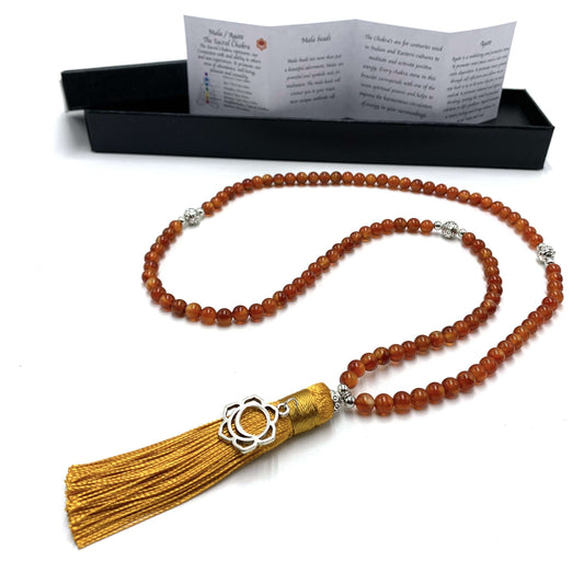 Agate Mala Beads with Sacral Chakra Charm- 108 Beads - Rivendell Shop