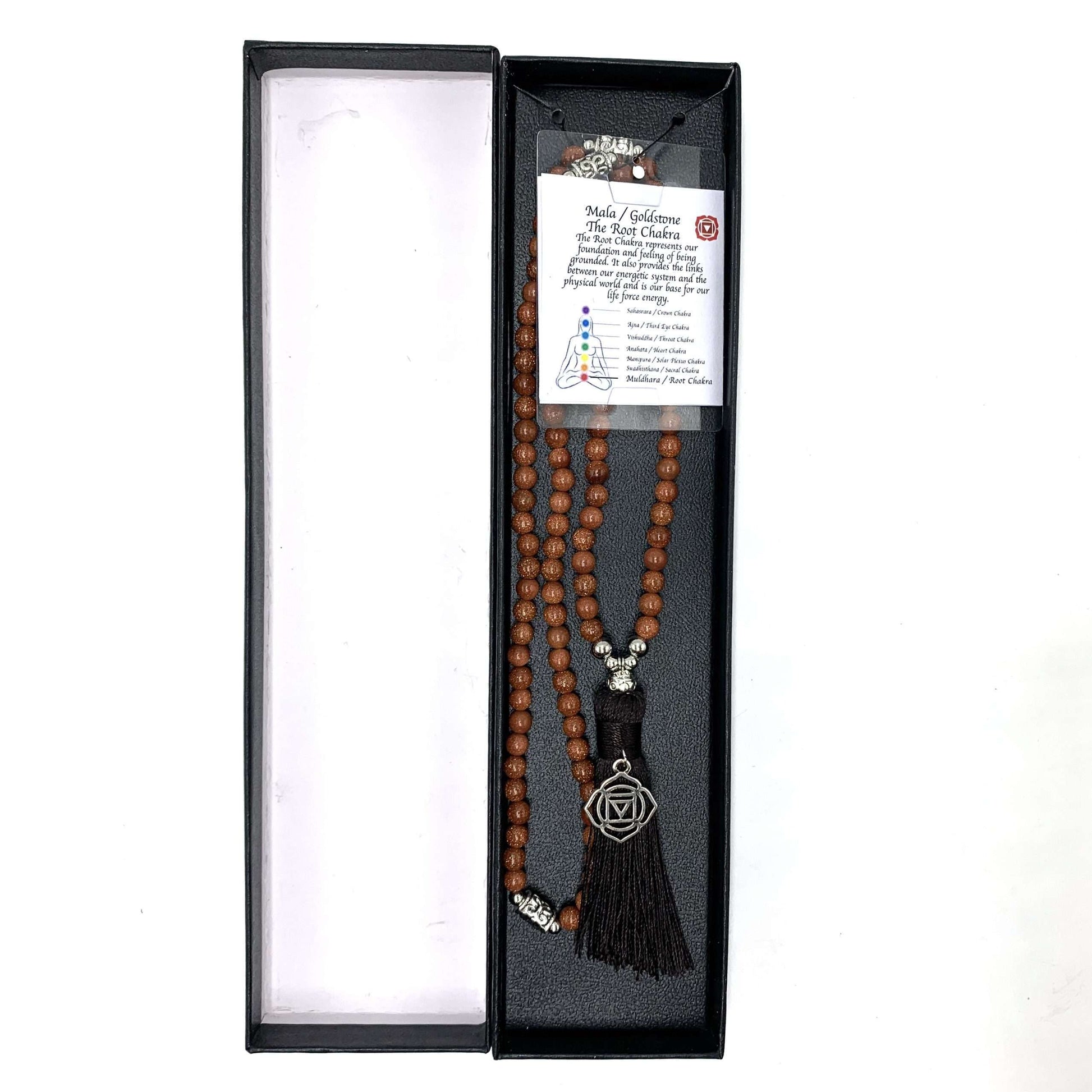 Goldstone Mala Beads with Root Chakra Charm- 108 Beads - Rivendell Shop