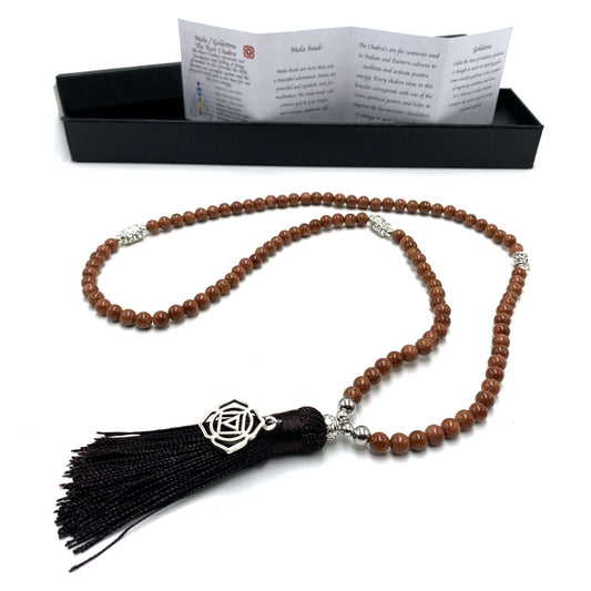 Goldstone Mala Beads with Root Chakra Charm- 108 Beads - Rivendell Shop