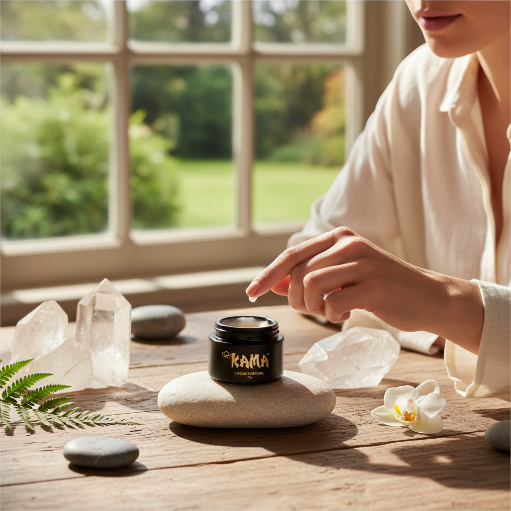 Rivendell Shop Kama cream perfume in a black jar with a gold lid, 15g.