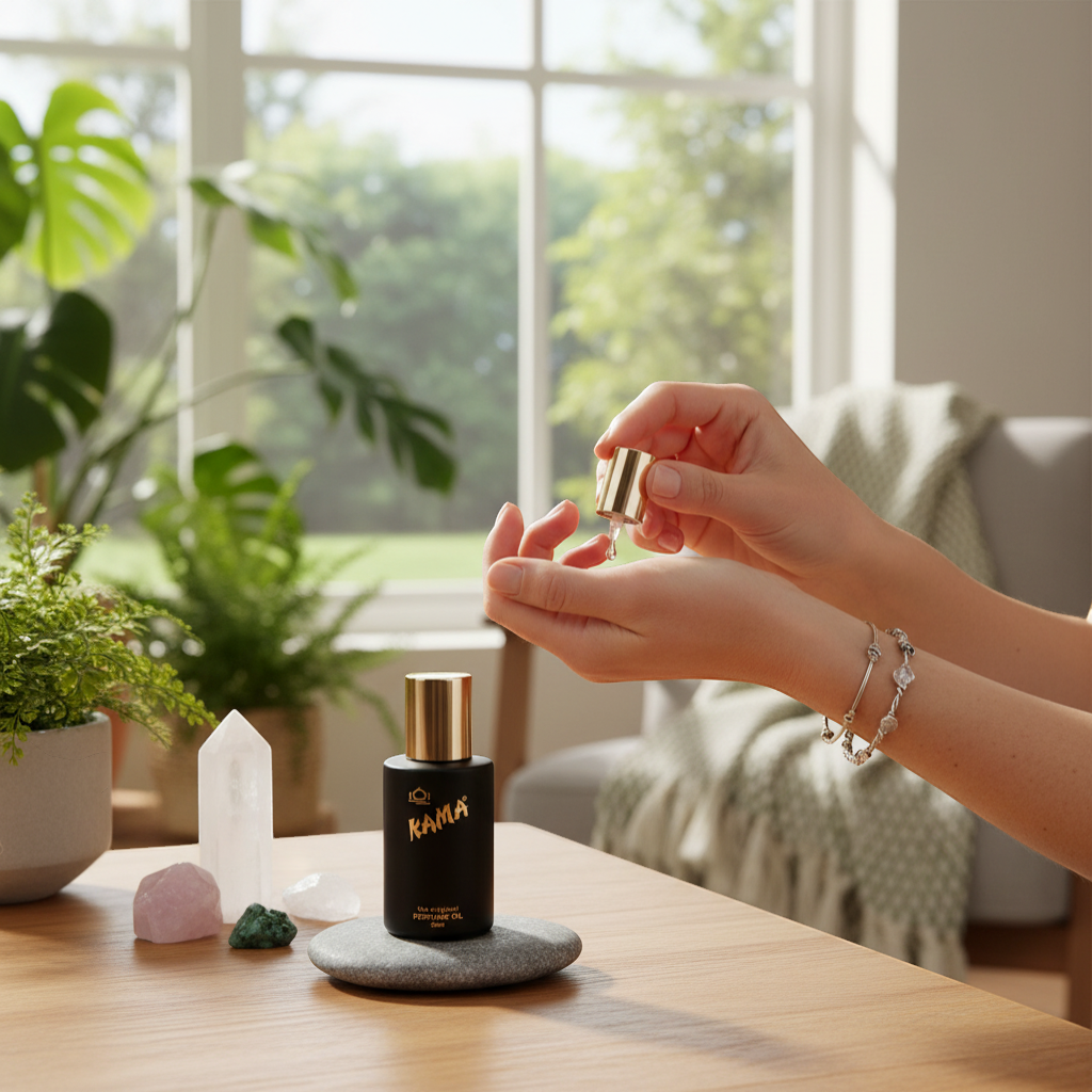 Rivendell Shop Kama Original Indian Perfume Oil in a black bottle with gold cap and gold lettering. 30ml.