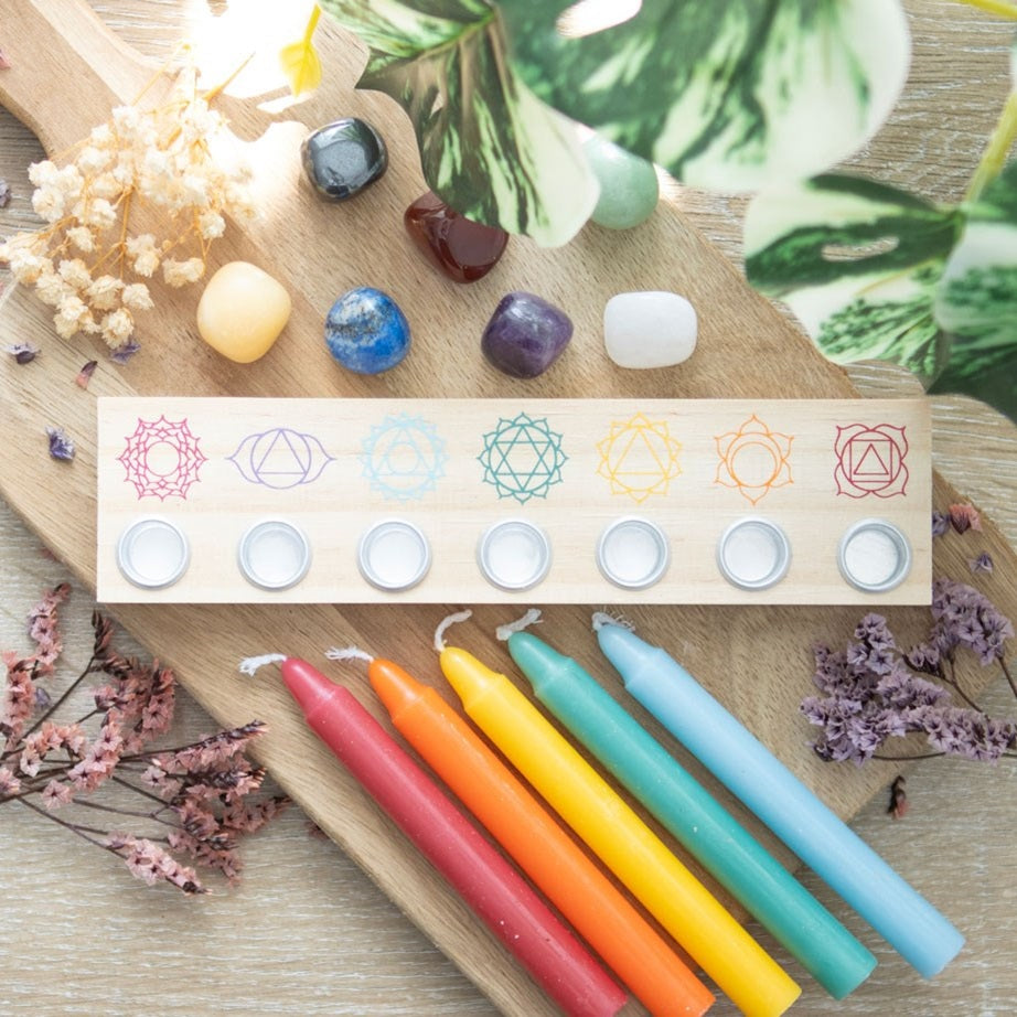 Seven Chakras Wooden Energy Candle Holder - Rivendell Shop