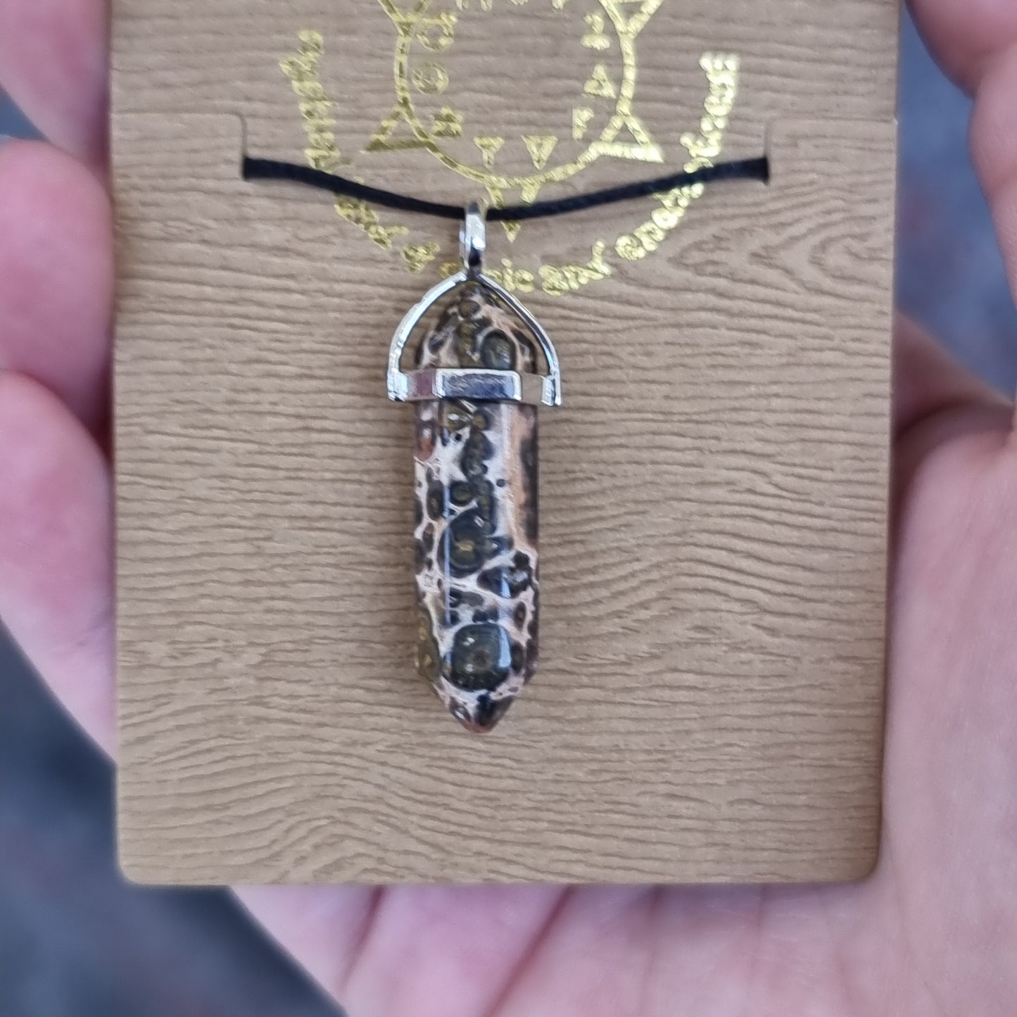 Leopard skin jasper pendant on card - Rivendell Shop