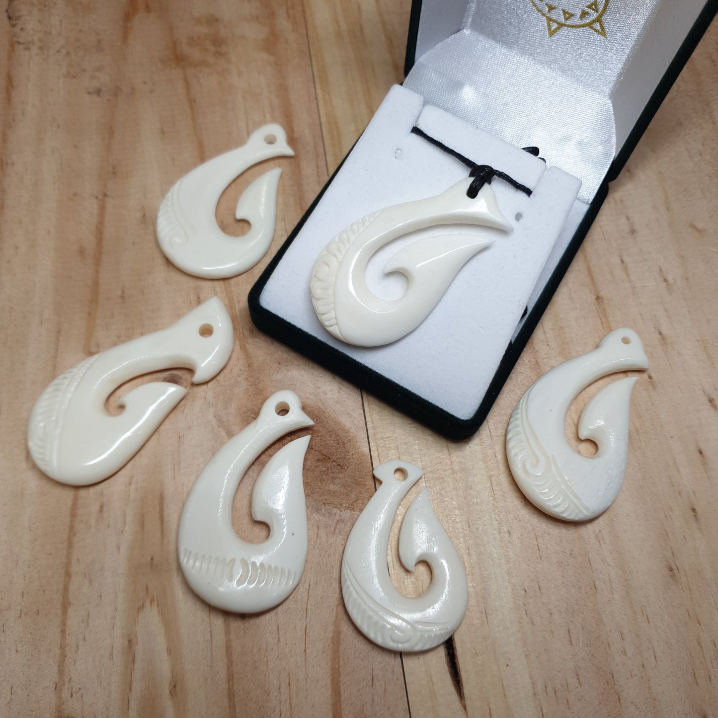 Handcarved Fish Hook Bone Carving Pendant - Hei Matau - Rivendell Shop