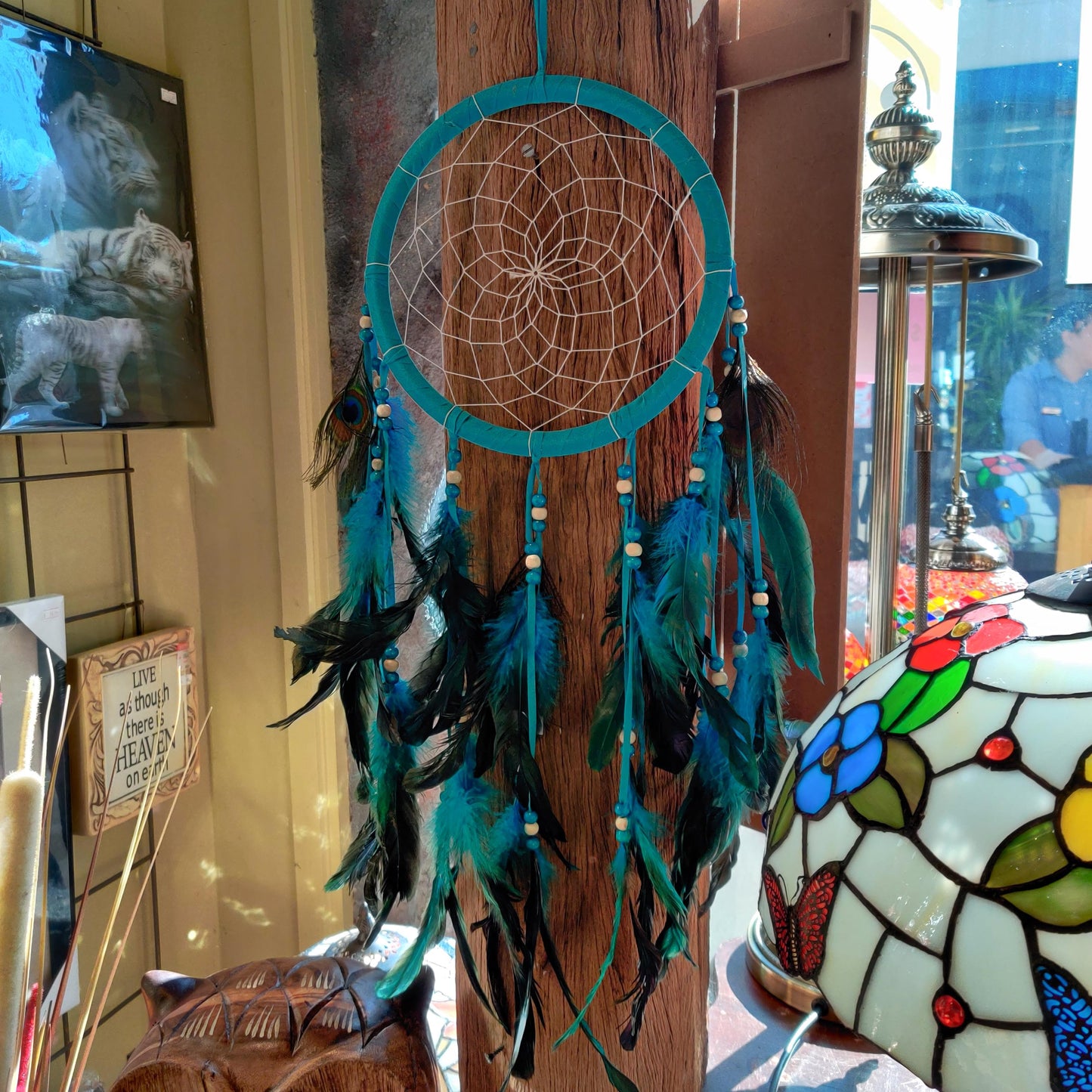 Teal Peacock Feather Black Thread Dreamcatcher - Rivendell Shop
