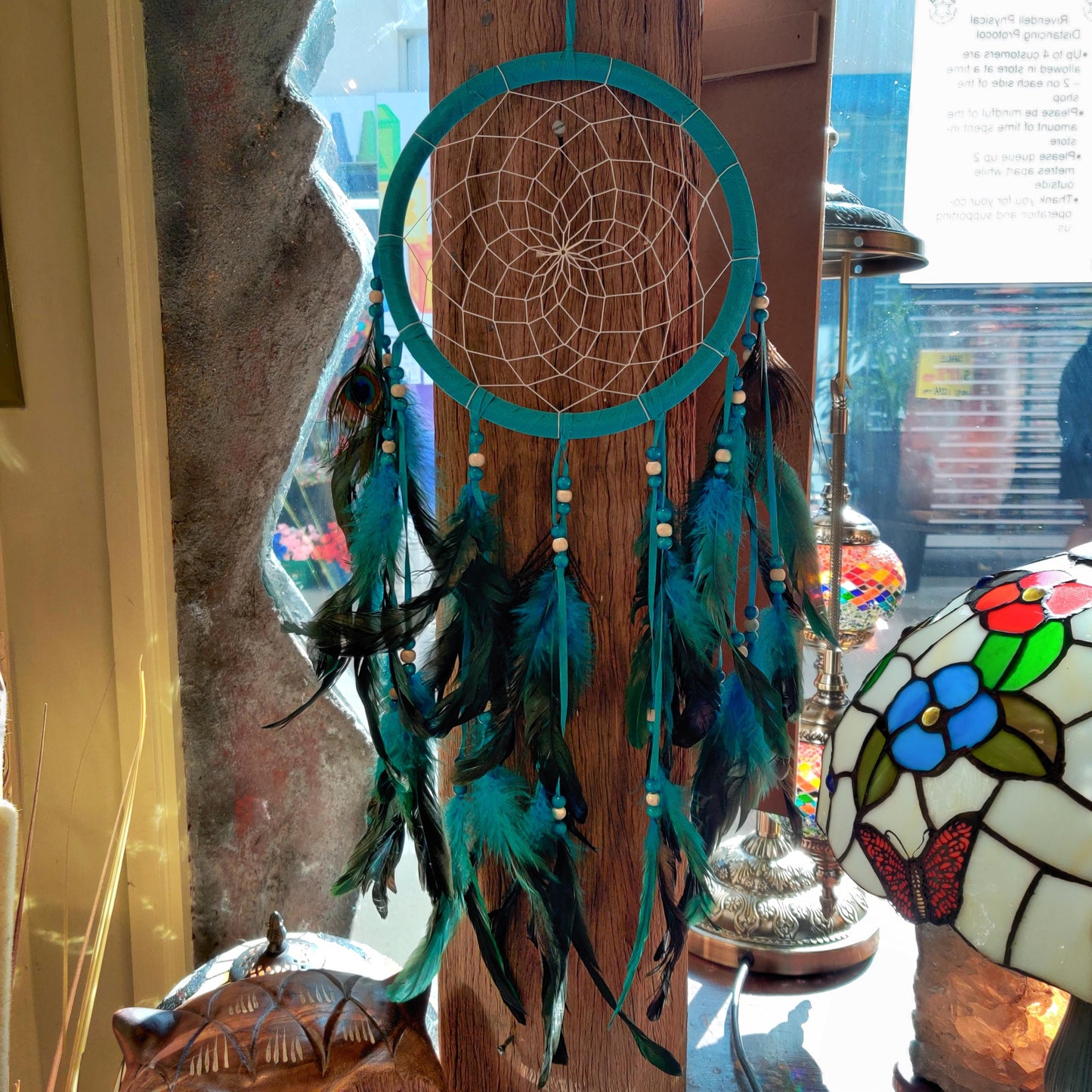 Teal Peacock Feather Black Thread Dreamcatcher - Rivendell Shop