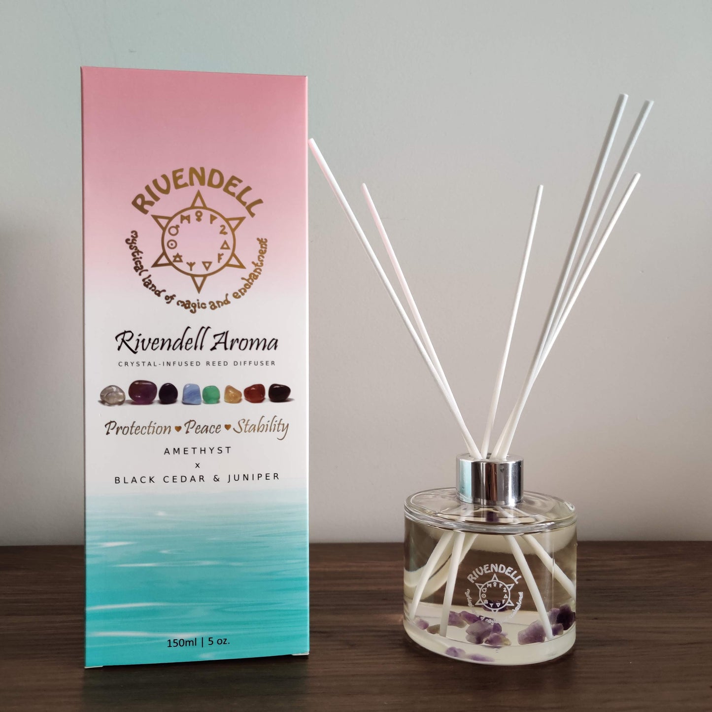 Rivendell Aroma: Amethyst x Black Cedar and Juniper Crystal-Infused Reed Diffuser - Rivendell Shop