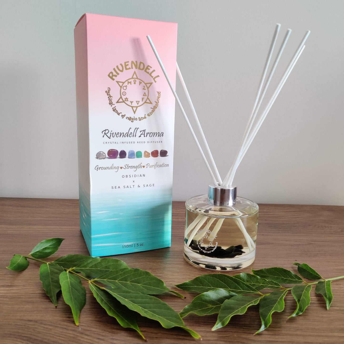 Rivendell Aroma: Obsidian x Sea Salt and Sage Crystal-Infused Reed Diffuser - Rivendell Shop