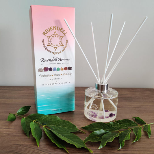 Rivendell Aroma: Amethyst x Black Cedar and Juniper Crystal-Infused Reed Diffuser - Rivendell Shop