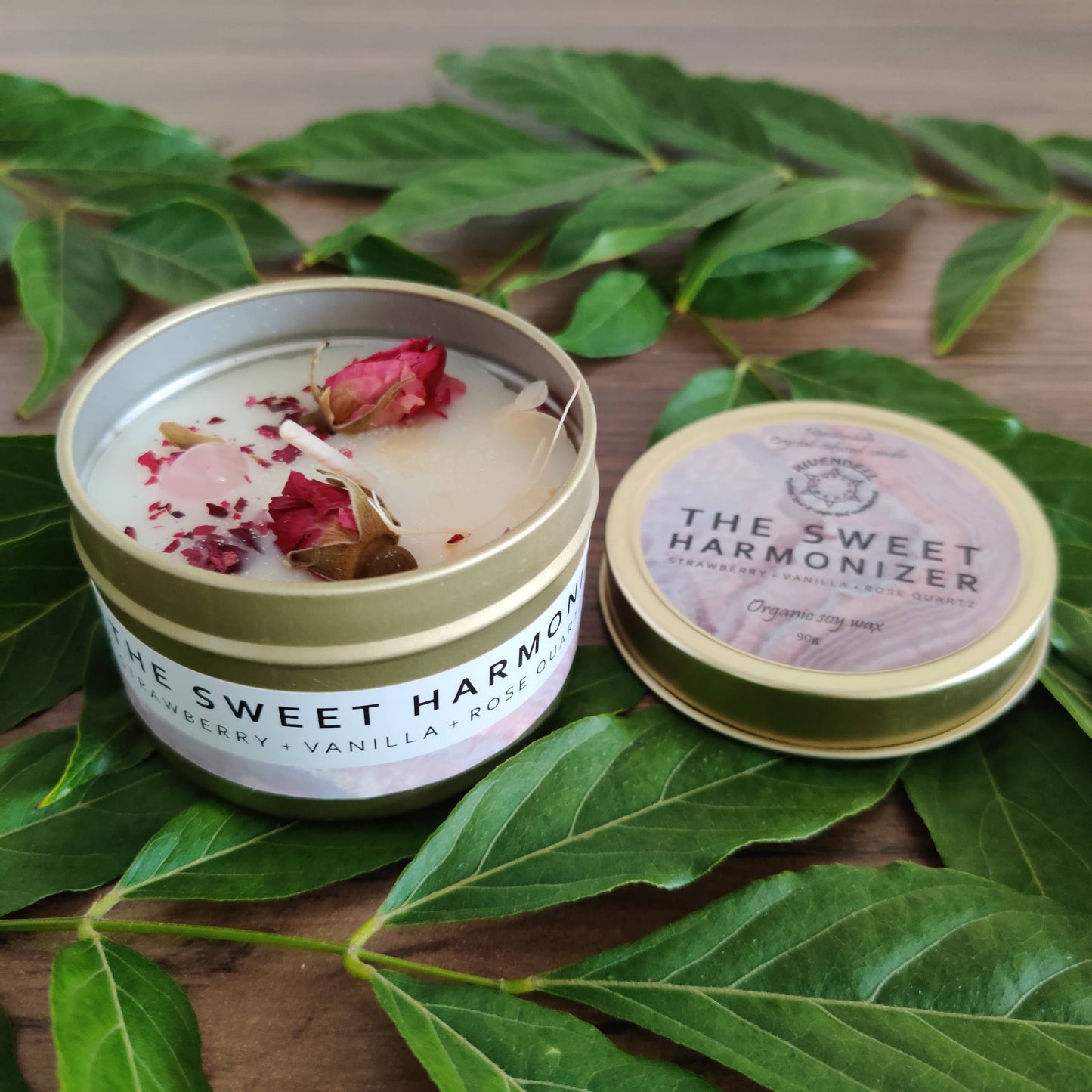 "The Sweet Harmonizer" Strawberry + Vanilla + Rose Quartz Crystal-infused Tin Candle - Rivendell Shop