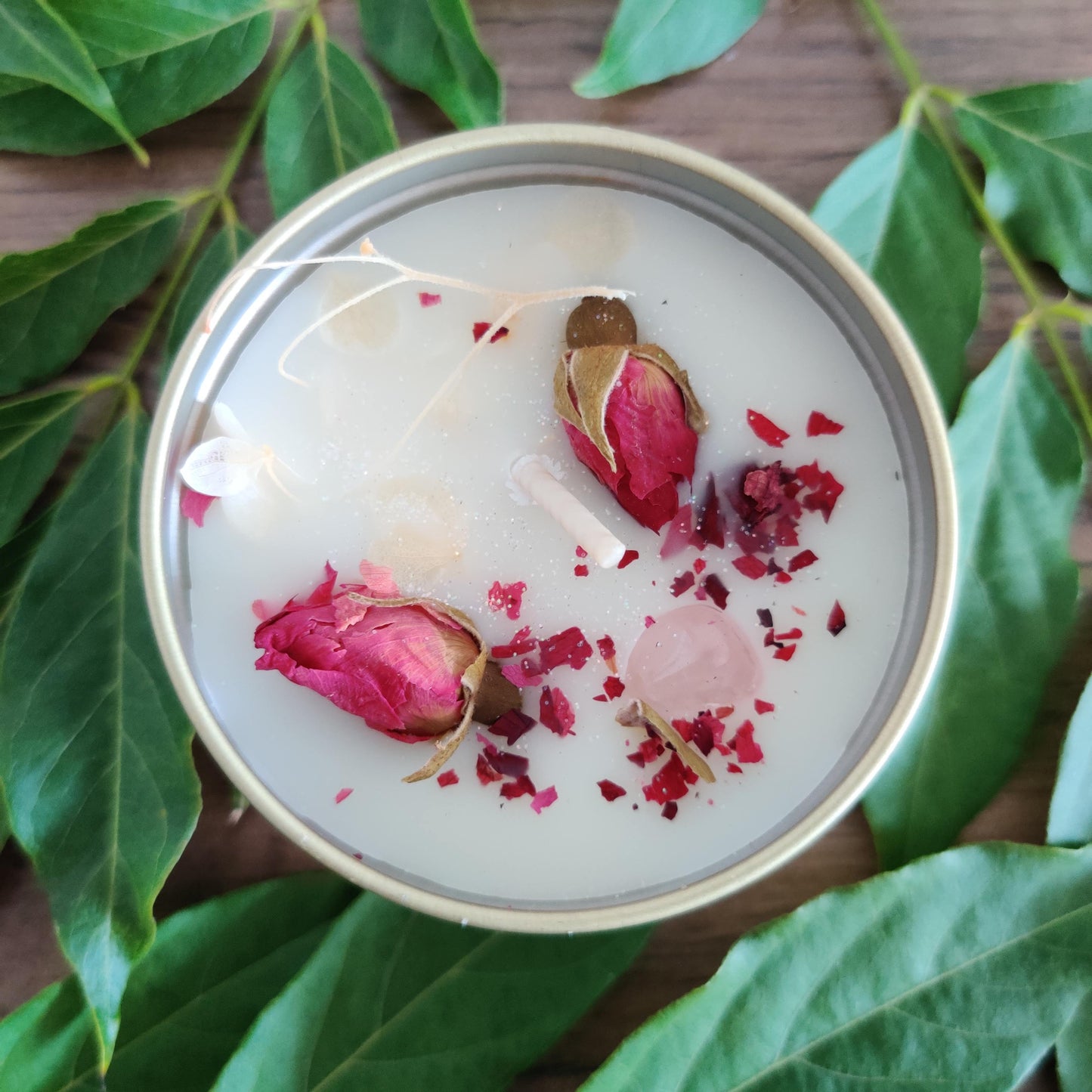 "The Sweet Harmonizer" Strawberry + Vanilla + Rose Quartz Crystal-infused Tin Candle - Rivendell Shop