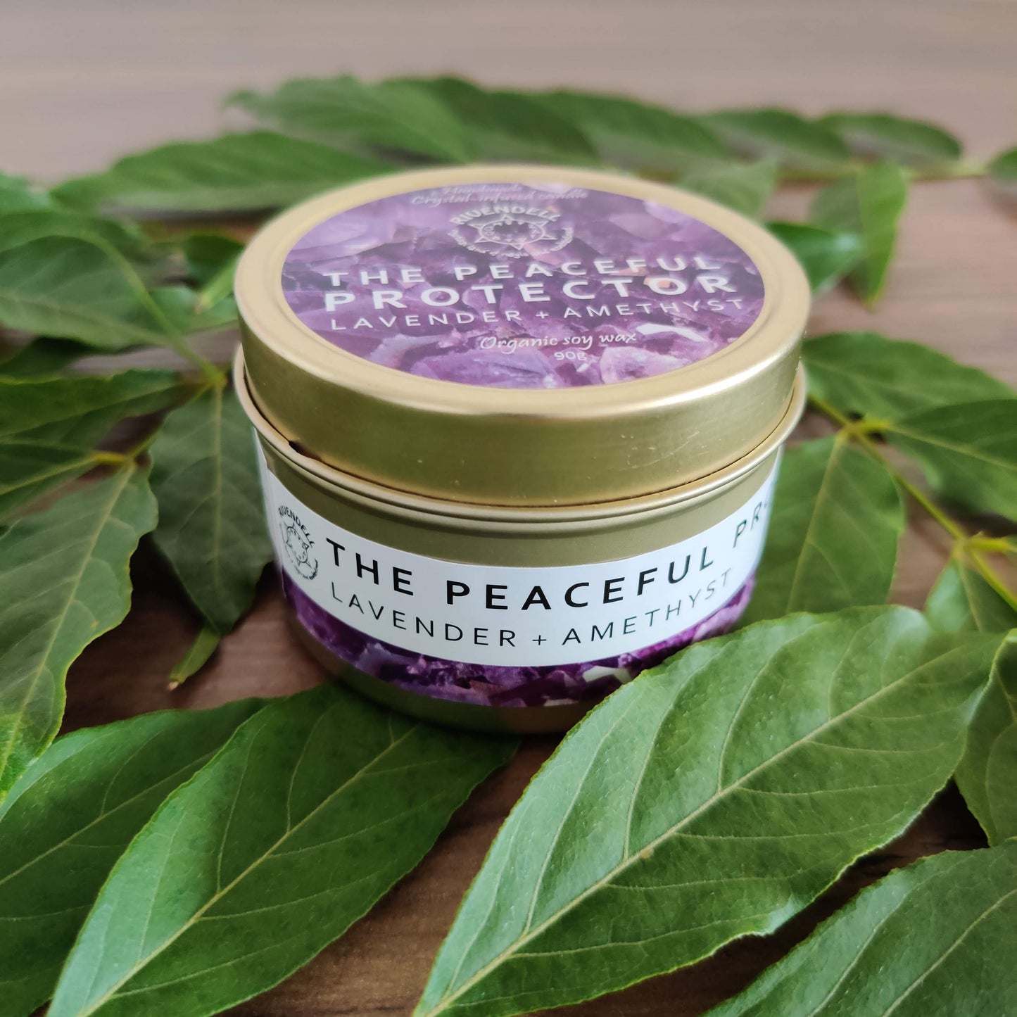 "The Peaceful Protector" Lavender + Amethyst Crystal-infused Tin Candle - Rivendell Shop