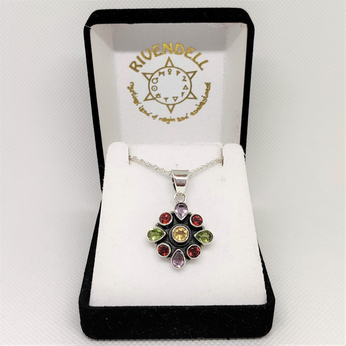 Peridot, Amethyst, Ruby and Citrine Flower 925 Sterling Silver Pendant - Rivendell Shop