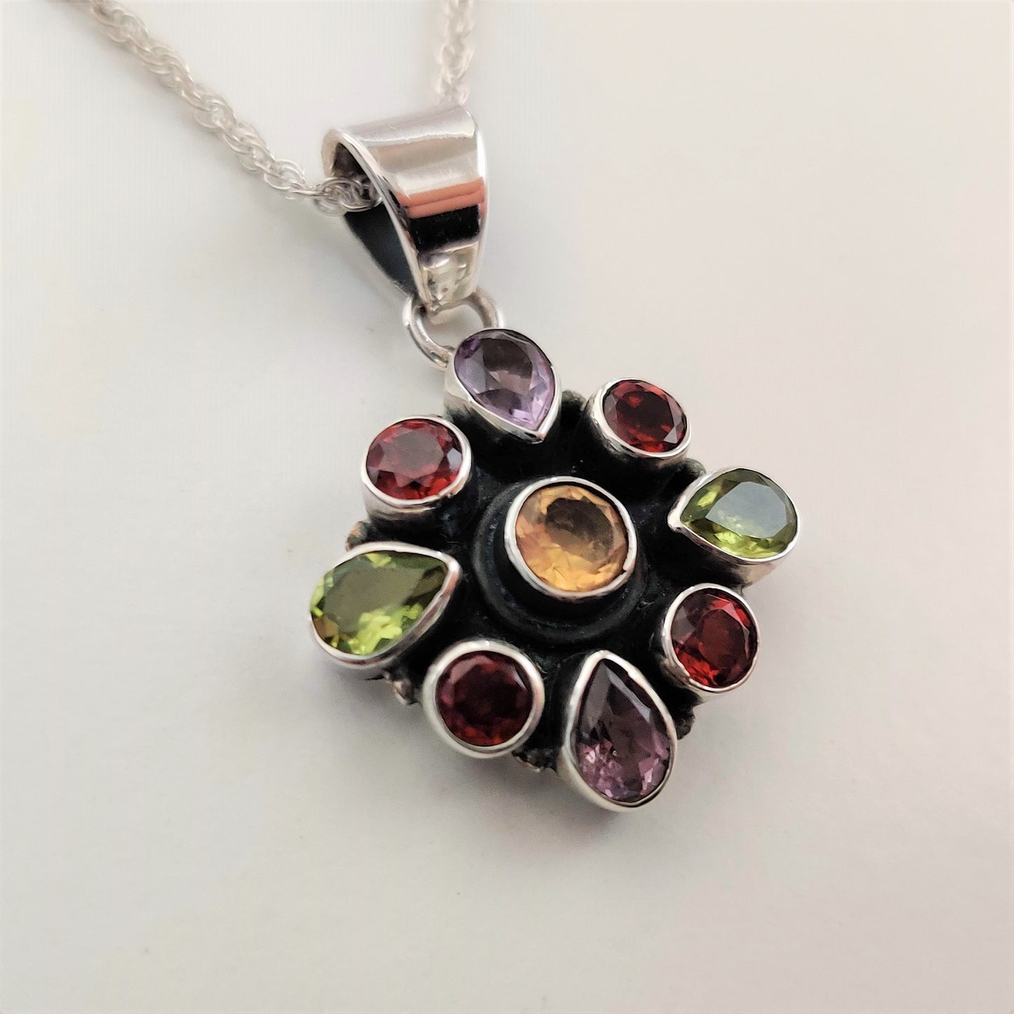 Peridot, Amethyst, Ruby and Citrine Flower 925 Sterling Silver Pendant - Rivendell Shop