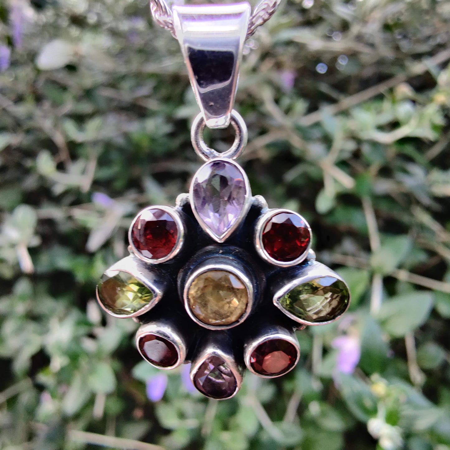 Peridot, Amethyst, Ruby and Citrine Flower 925 Sterling Silver Pendant - Rivendell Shop
