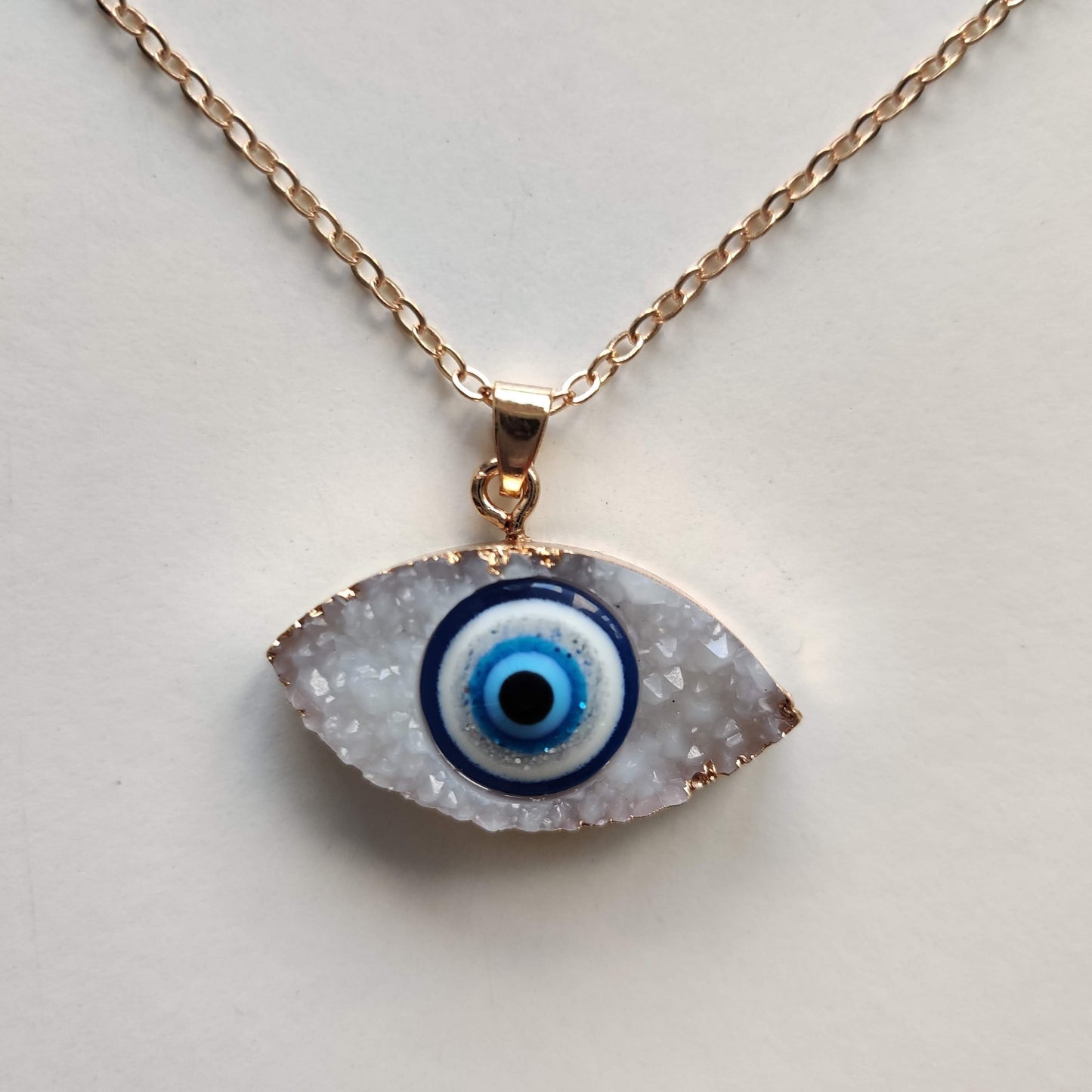 Evil Eye Crystal Druze Pendant with Gold Chain - Rivendell Shop