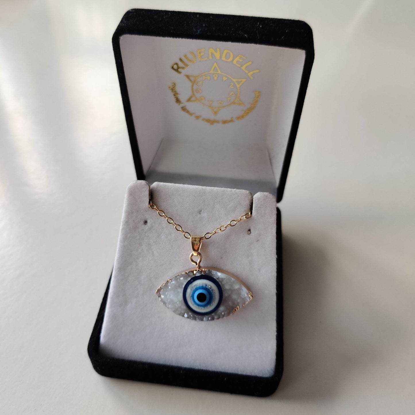 Evil Eye Crystal Druze Pendant with Gold Chain - Rivendell Shop