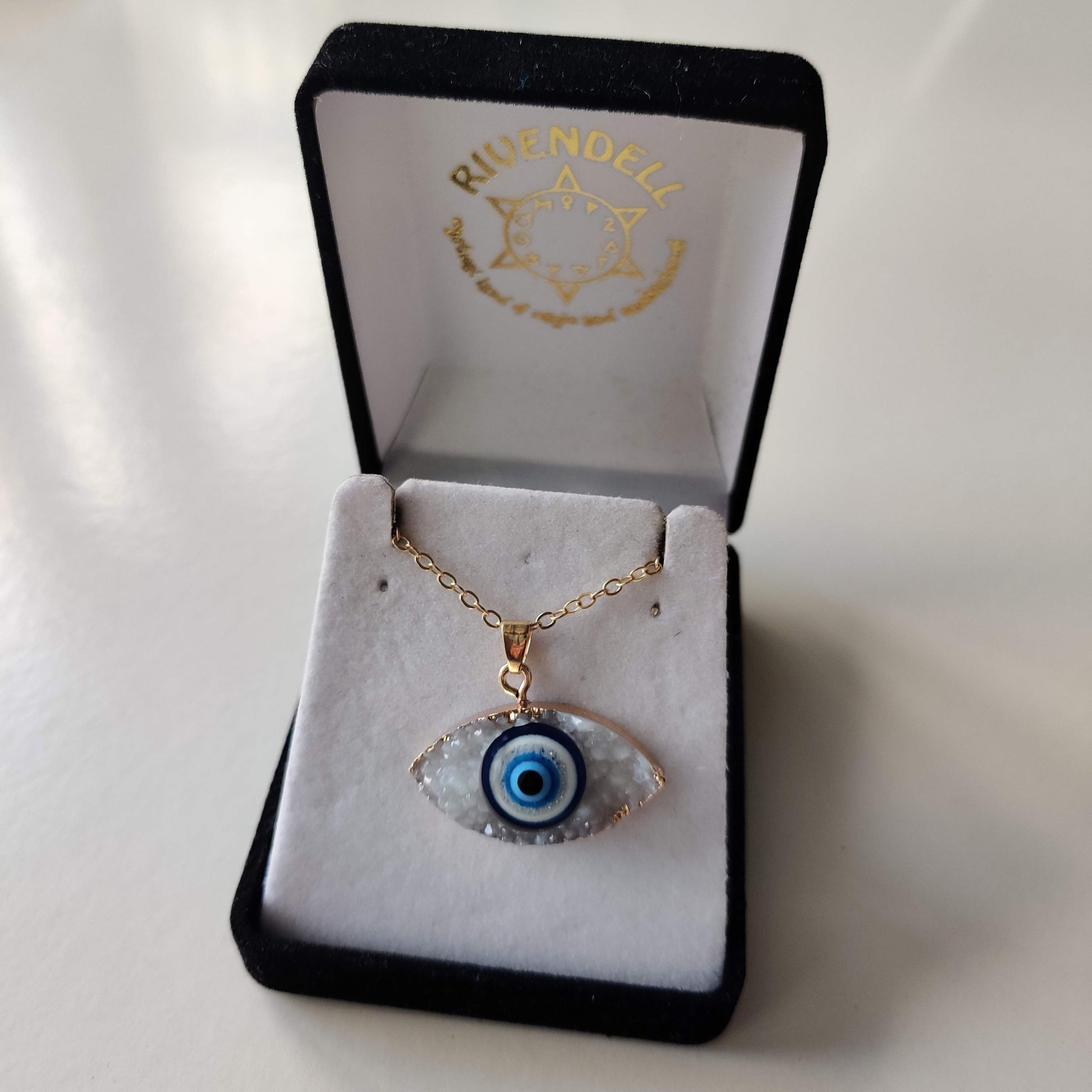 Evil Eye Crystal Druze Pendant with Gold Chain - Rivendell Shop