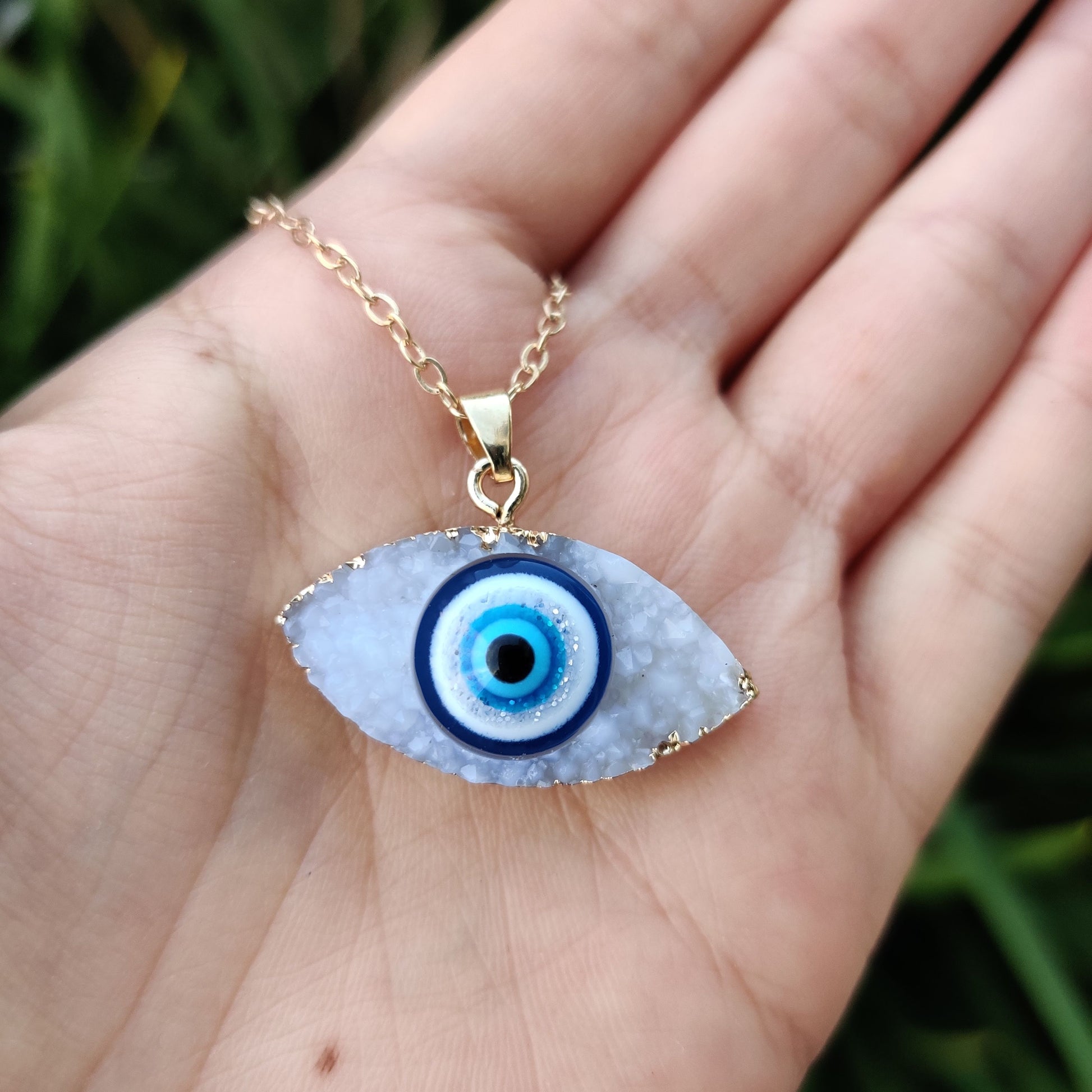Evil Eye Crystal Druze Pendant with Gold Chain - Rivendell Shop