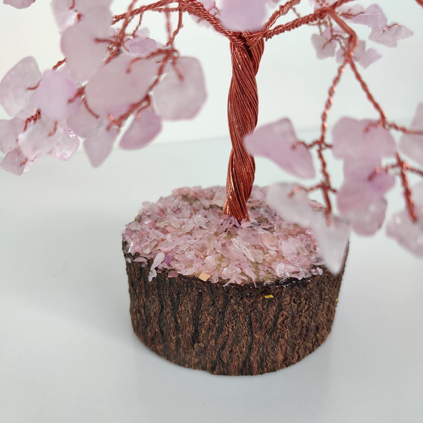 Rose Quartz Copper Crystal Tree on Wooden Base - Rivendell Shop