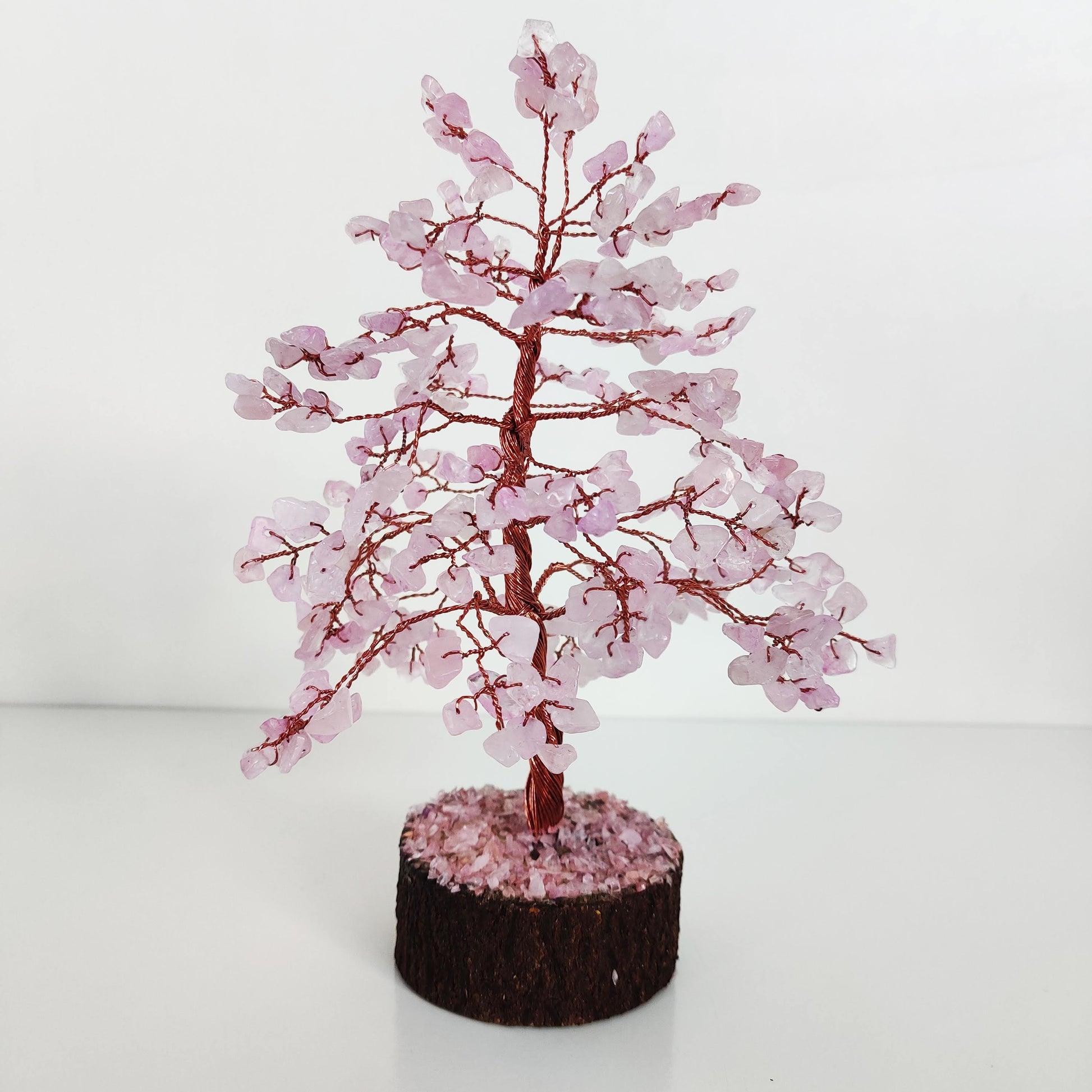 Rose Quartz Copper Crystal Tree on Wooden Base - Rivendell Shop