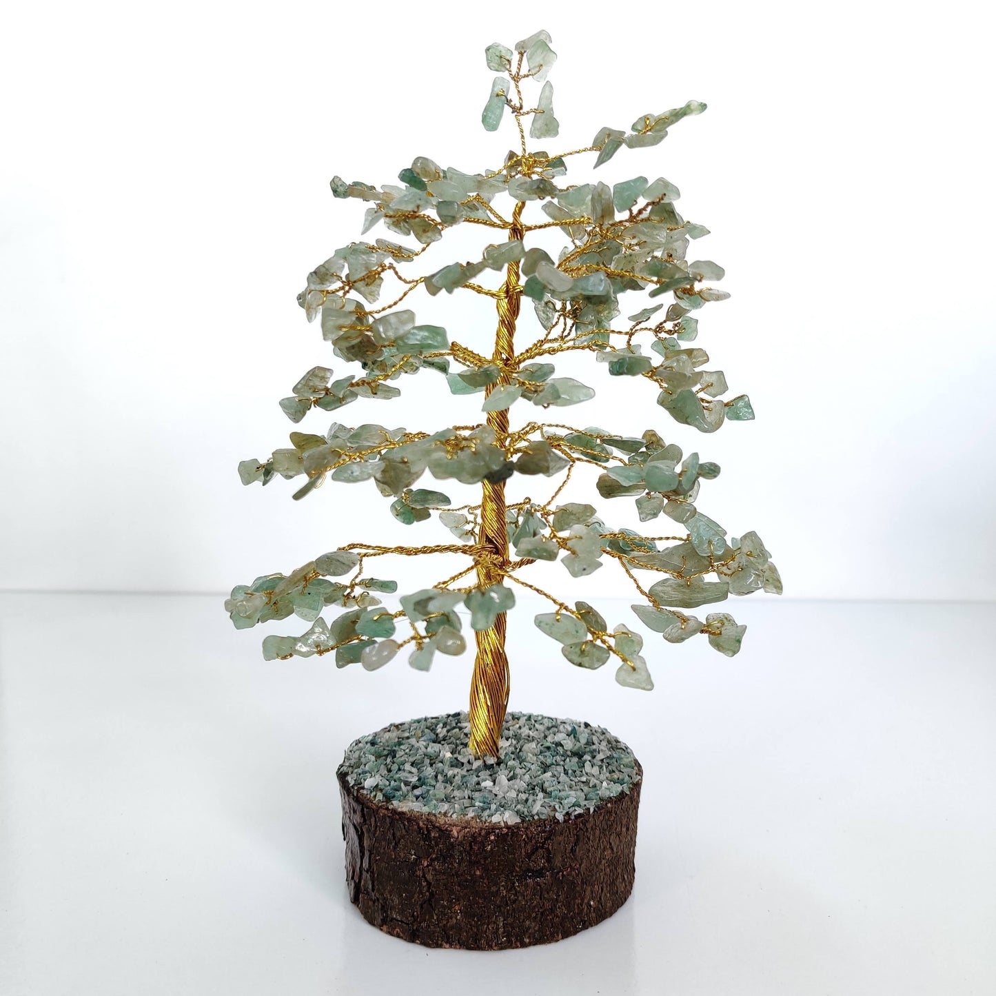 Green Aventurine Crystal Tree on Wooden Base with Golden Wire Stem - Rivendell Shop