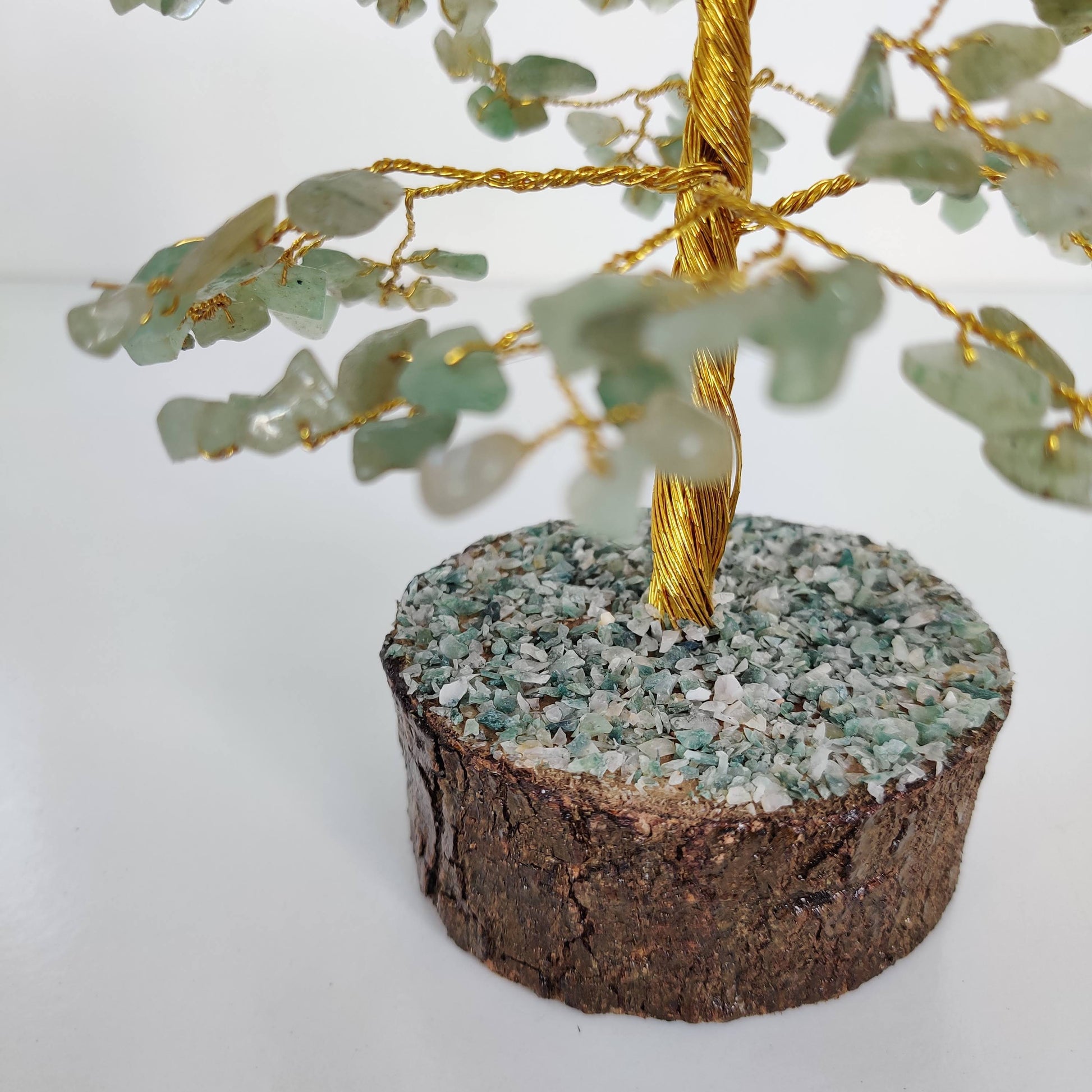 Green Aventurine Crystal Tree on Wooden Base with Golden Wire Stem - Rivendell Shop