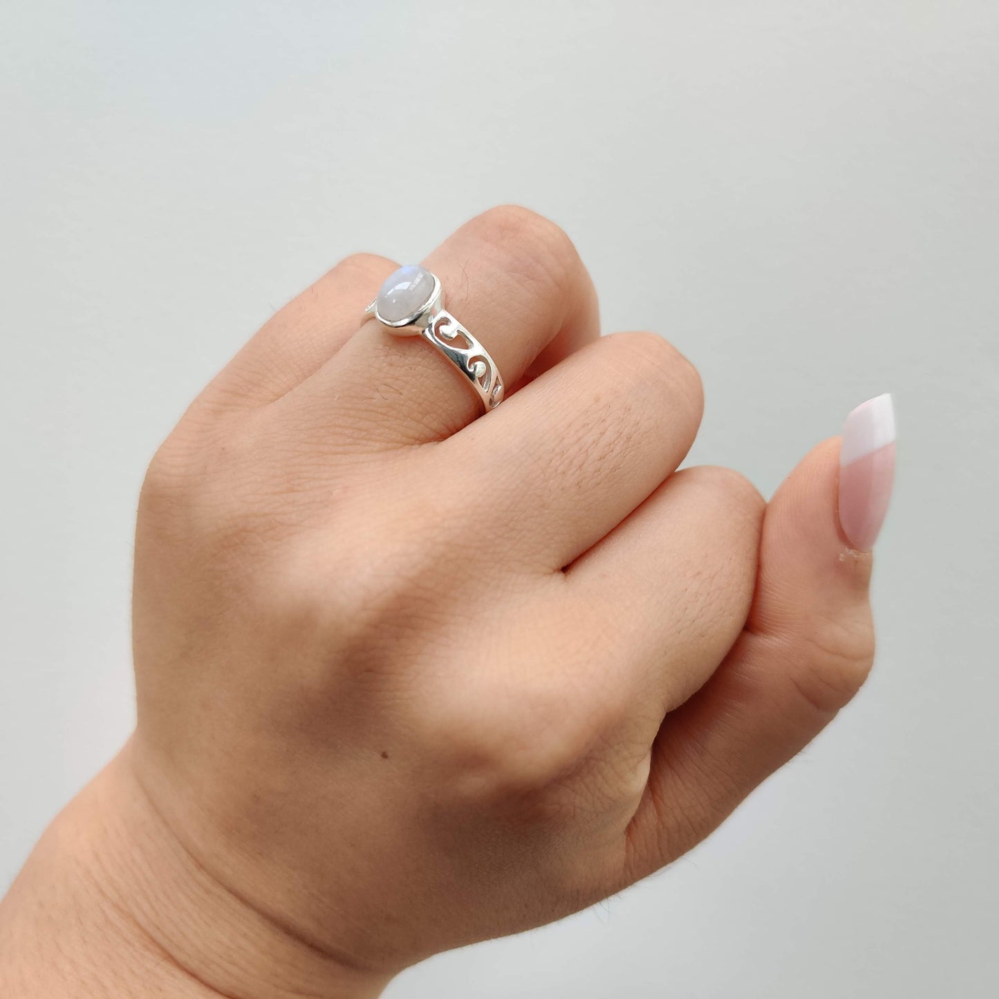 Moonstone Oval 925 Sterling Silver Ring with Koru Design - Rivendell Shop