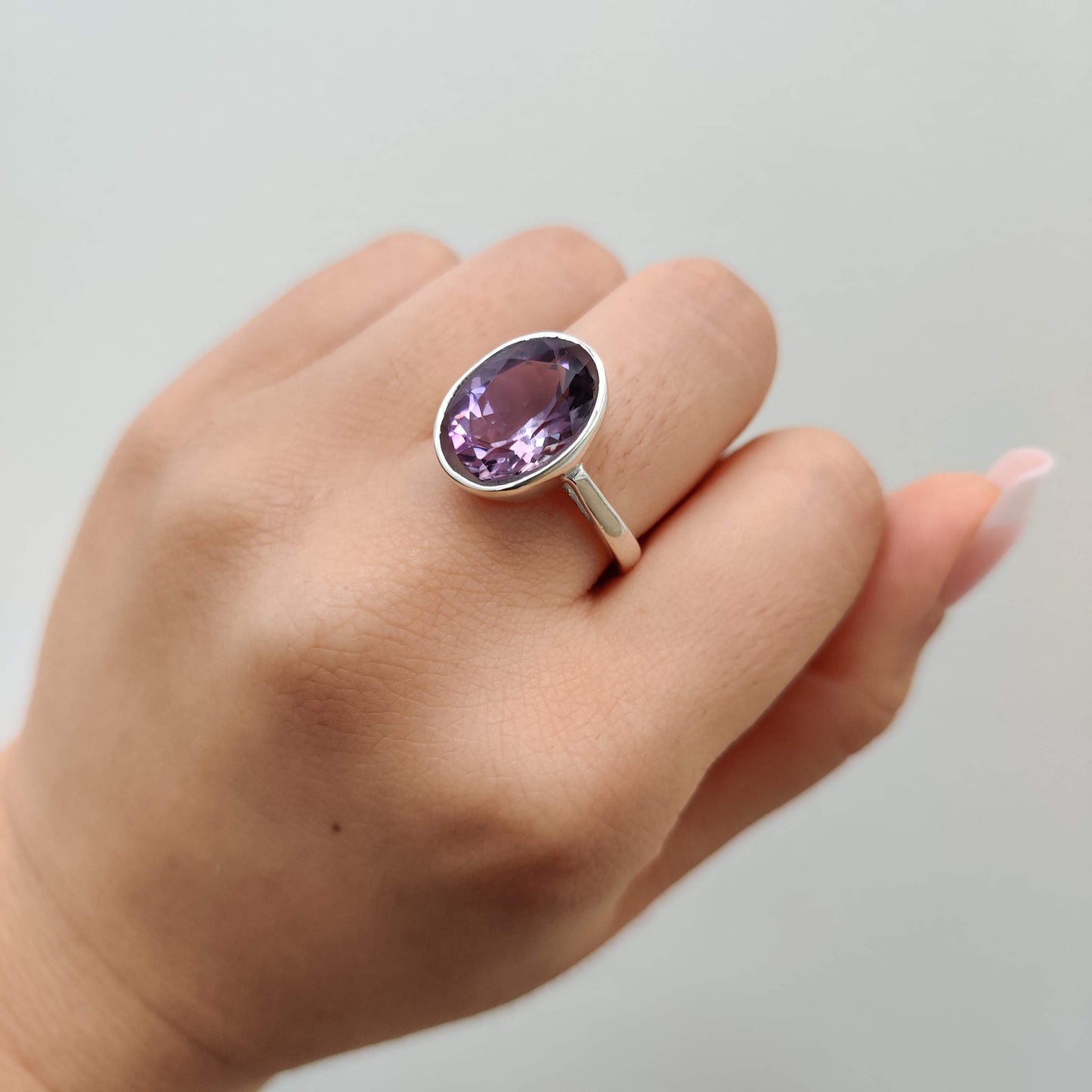 Amethyst Diamond Cut Oval 925 Sterling Silver Ring - Rivendell Shop