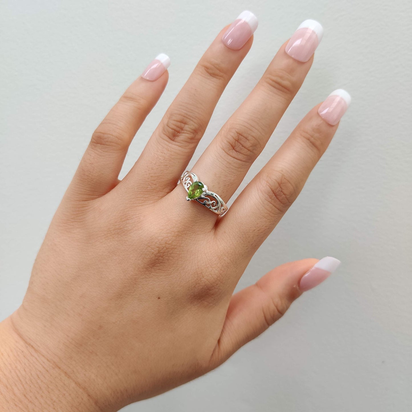Peridot Tear Drop 925 Sterling Silver Ring with Koru Design - Rivendell Shop