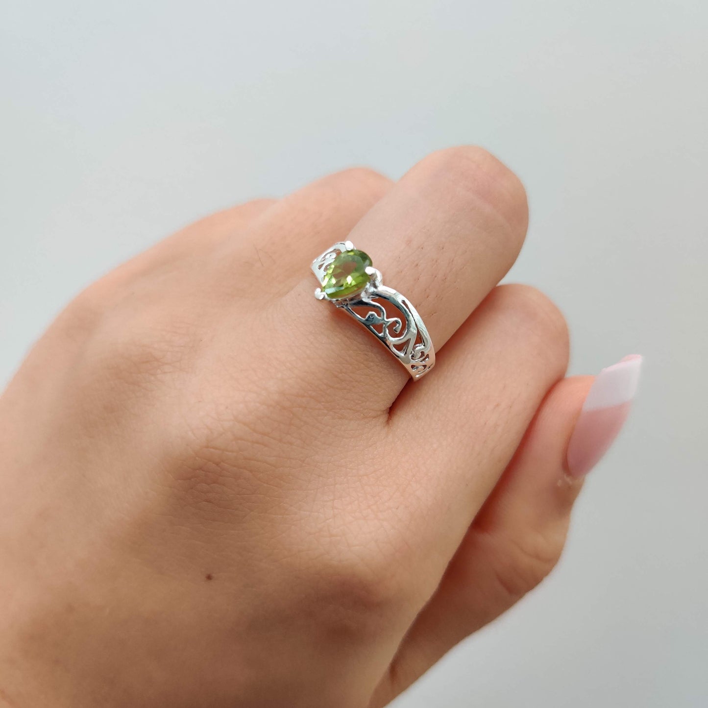 Peridot Tear Drop 925 Sterling Silver Ring with Koru Design - Rivendell Shop