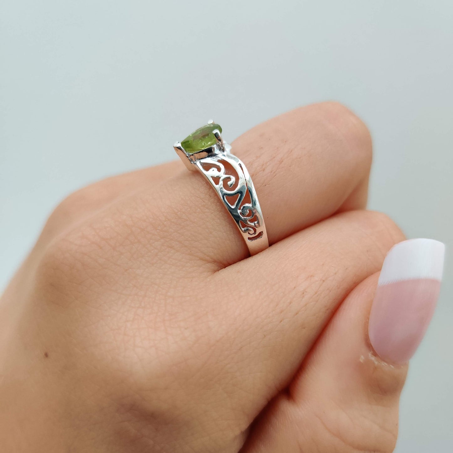 Peridot Tear Drop 925 Sterling Silver Ring with Koru Design - Rivendell Shop