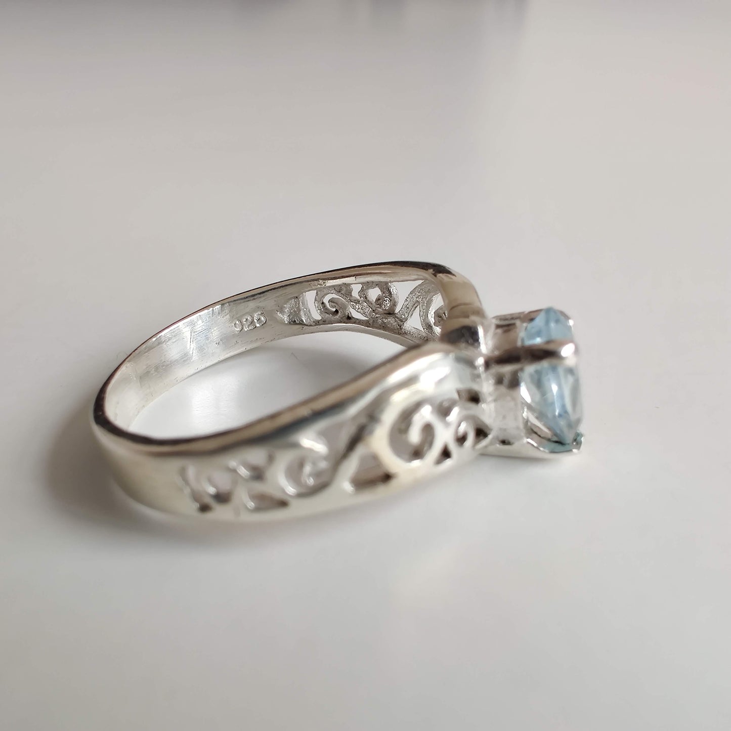 Blue Topaz Tear Drop 925 Sterling Silver Ring with Koru Design - Rivendell Shop