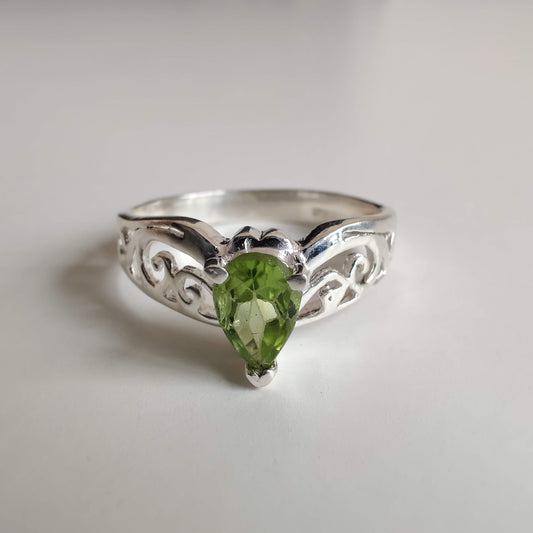 Peridot Tear Drop 925 Sterling Silver Ring with Koru Design - Rivendell Shop