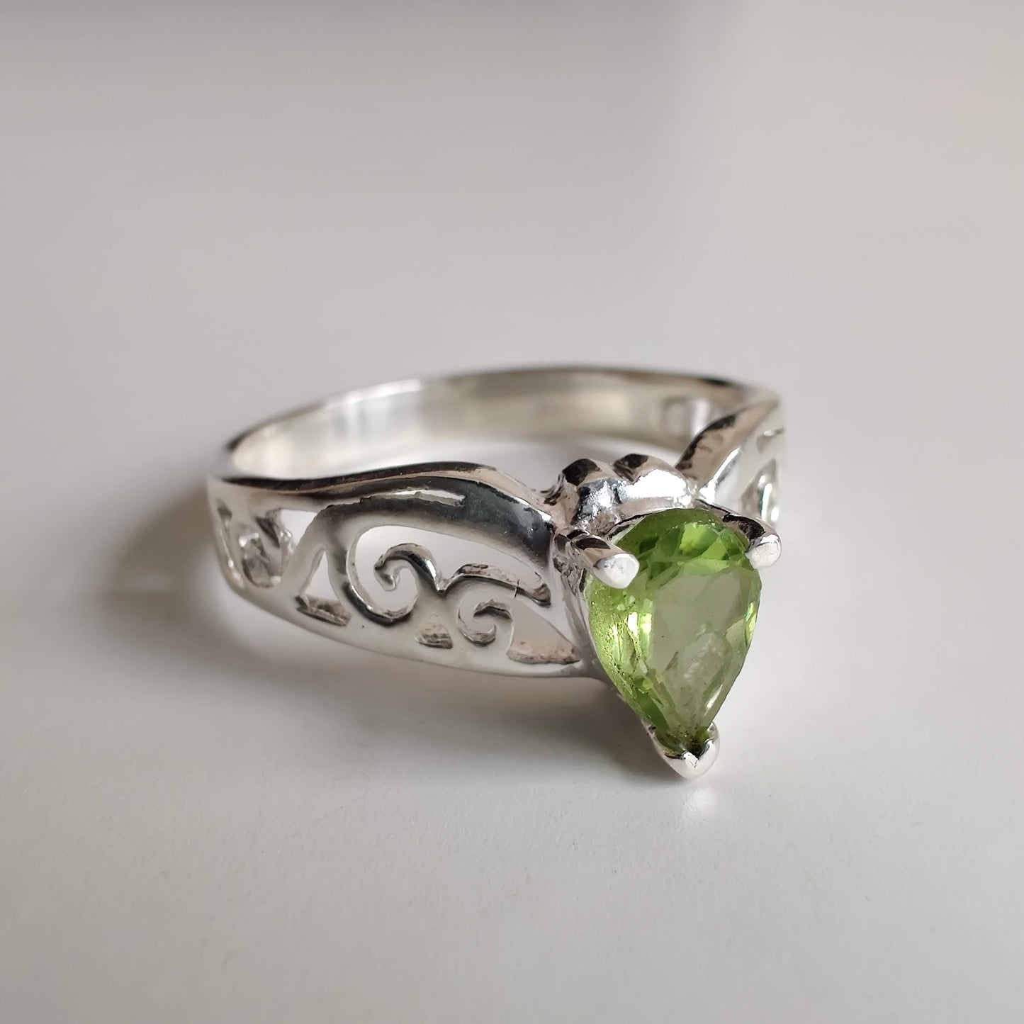 Peridot Tear Drop 925 Sterling Silver Ring with Koru Design - Rivendell Shop