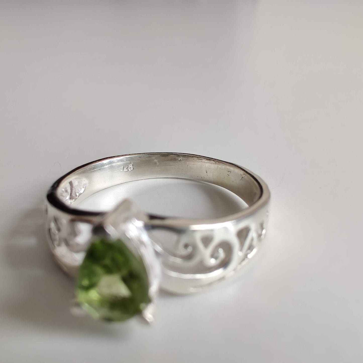 Peridot Tear Drop 925 Sterling Silver Ring with Koru Design - Rivendell Shop