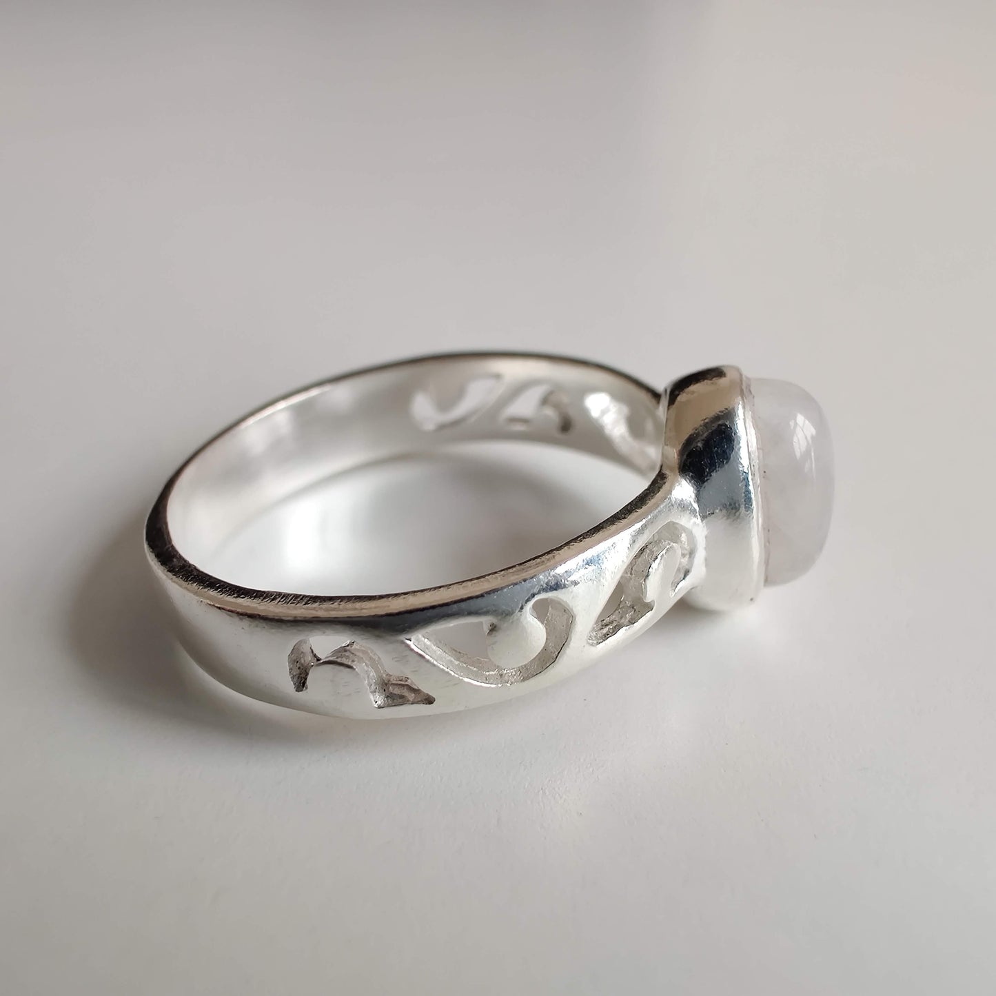 Moonstone Oval 925 Sterling Silver Ring with Koru Design - Rivendell Shop