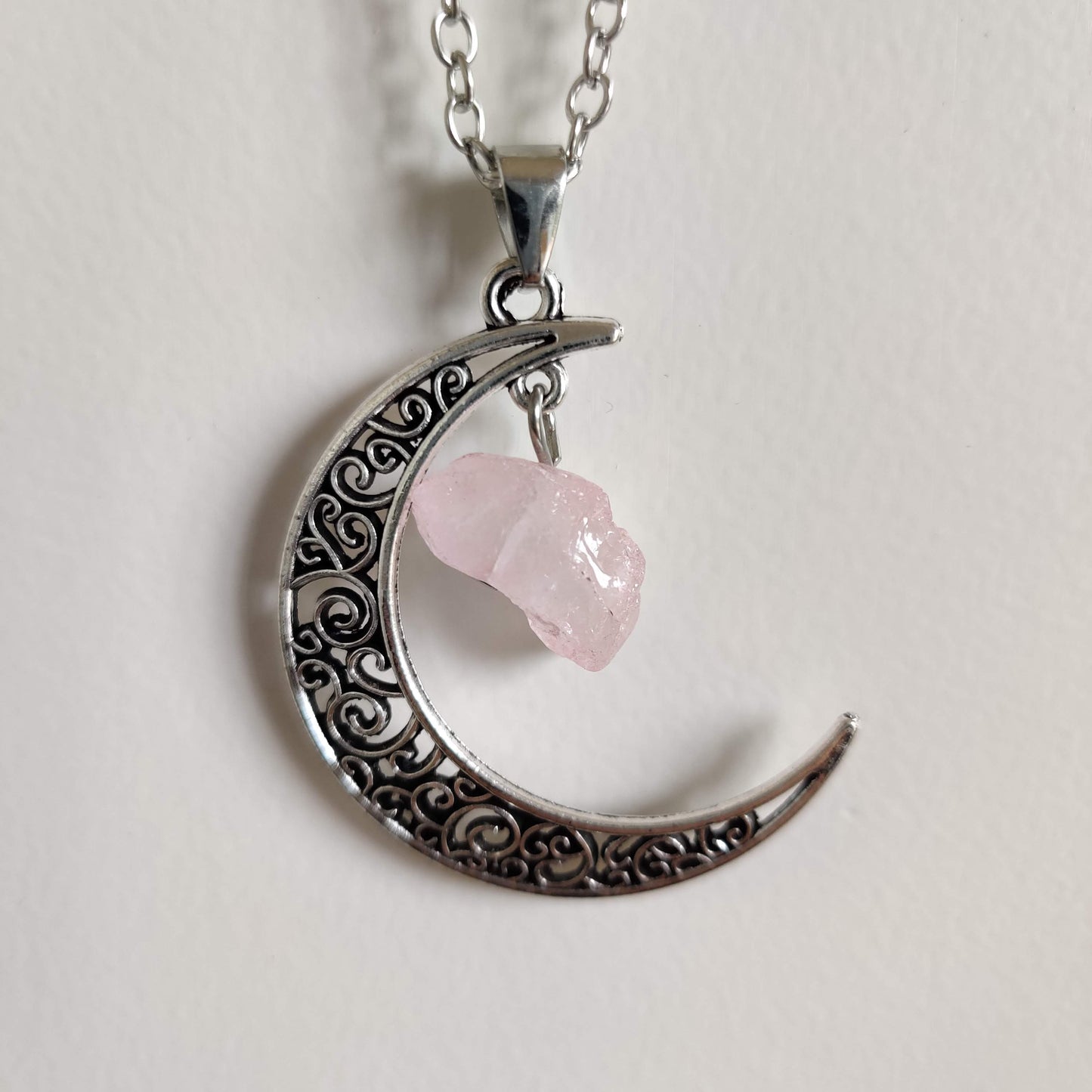 Rose Quartz Moon Pendant with Silver Chain - Rivendell Shop