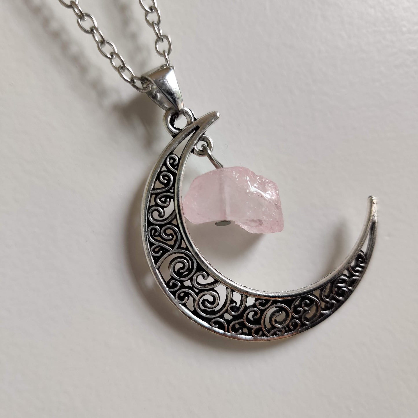 Rose Quartz Moon Pendant with Silver Chain - Rivendell Shop