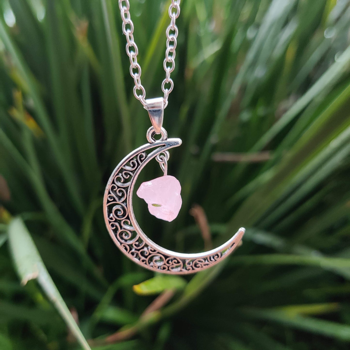 Rose Quartz Moon Pendant with Silver Chain - Rivendell Shop