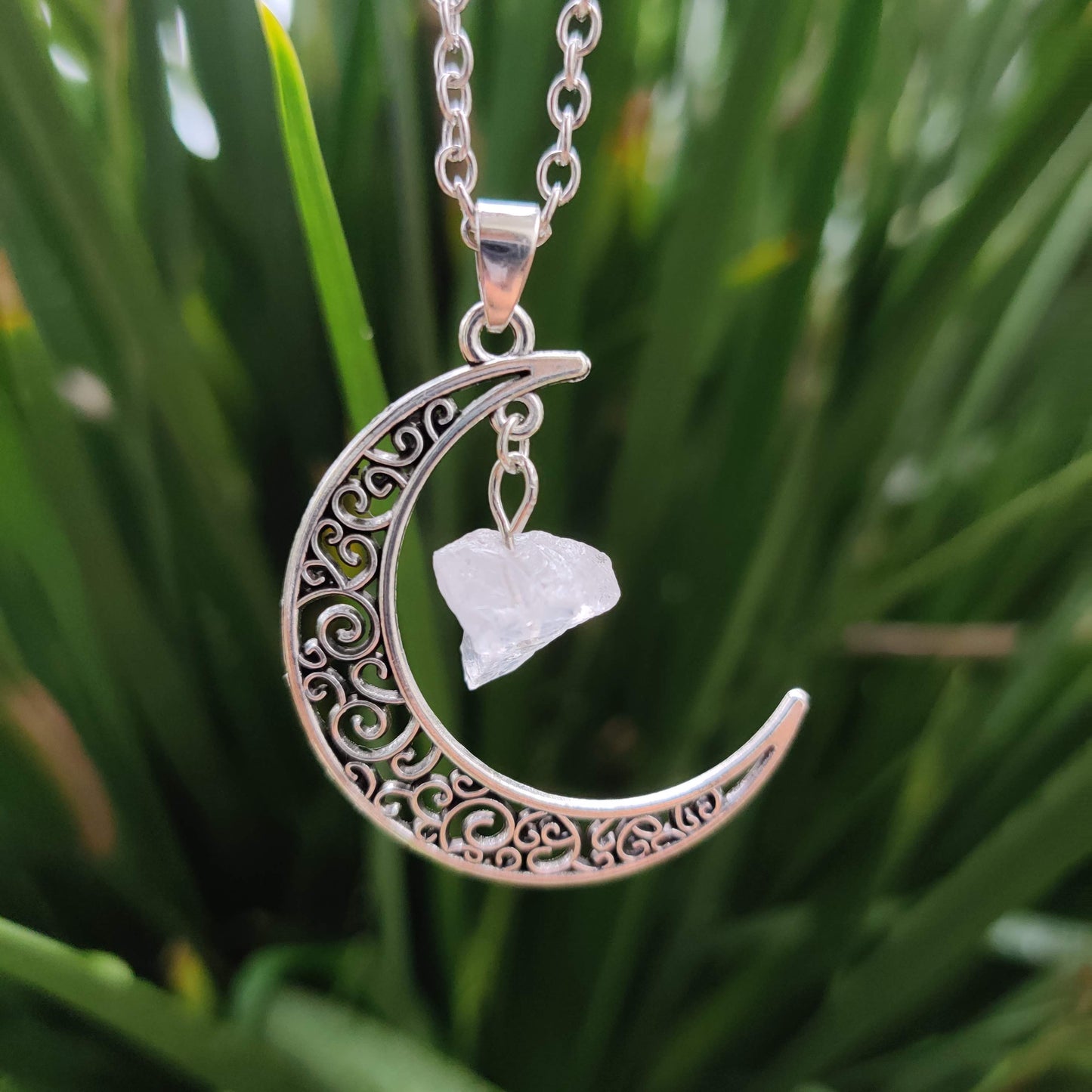 Clear Quartz Moon Pendant with Silver Chain - Rivendell Shop